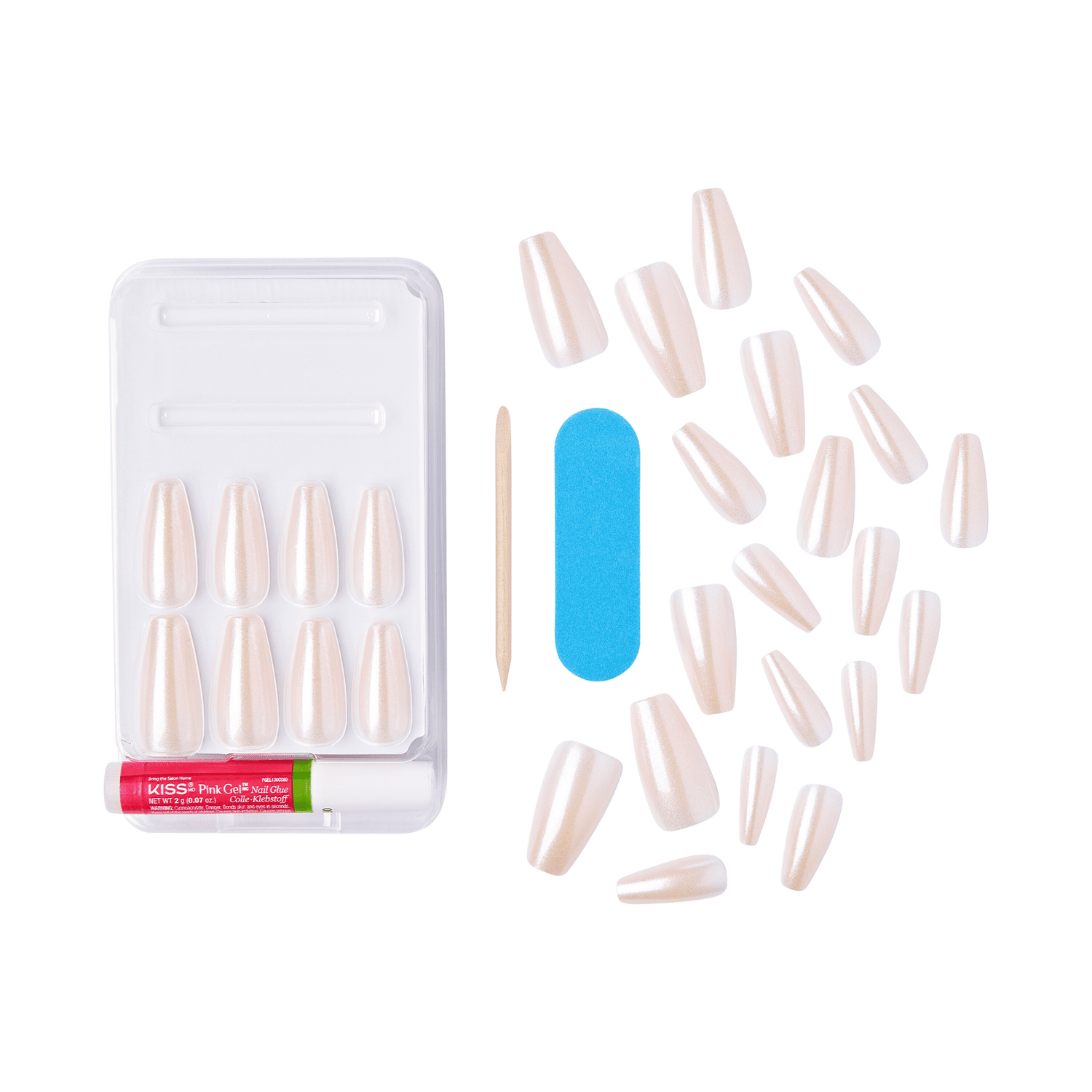 Set of pearlescent pale pink press-on nails in various sizes, shown with pink gel nail glue, wooden cuticle stick, and blue nail file, all on white.