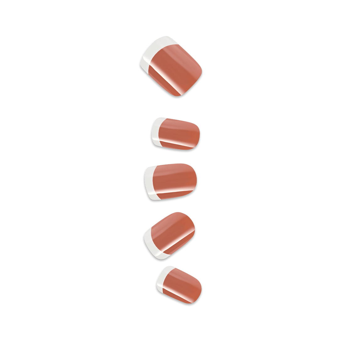Set of five press-on nails in varying sizes, featuring a warm terracotta base color with a white curved tip design.