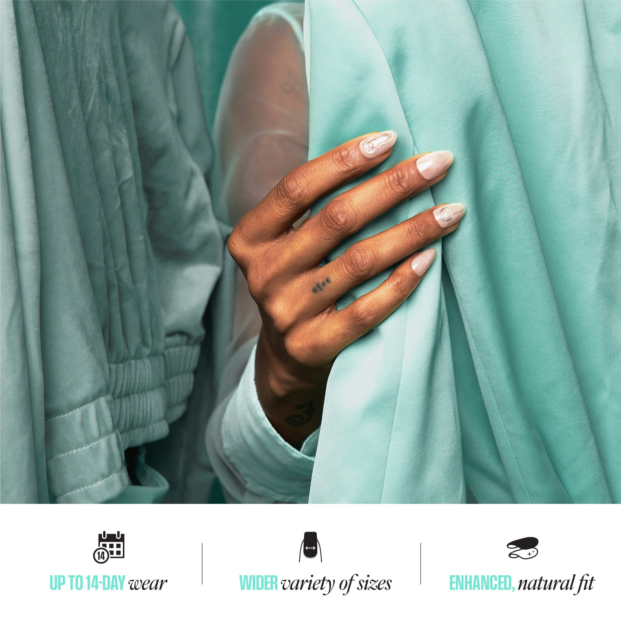 Hand with manicure on turquoise fabric; nail product advertisement with 14-day wear claim.