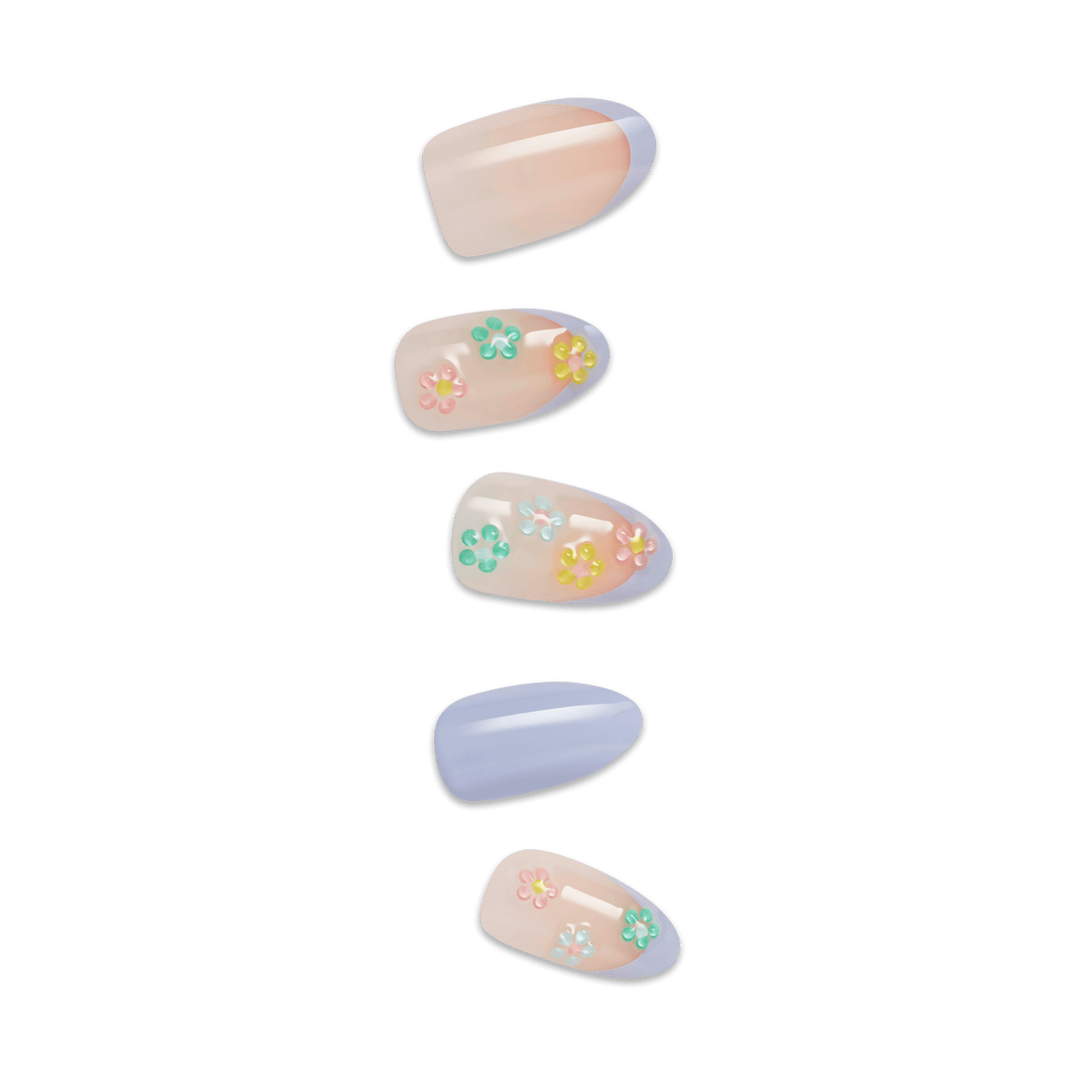 Five oval press-on nails with pastel base and colorful flower embellishments.