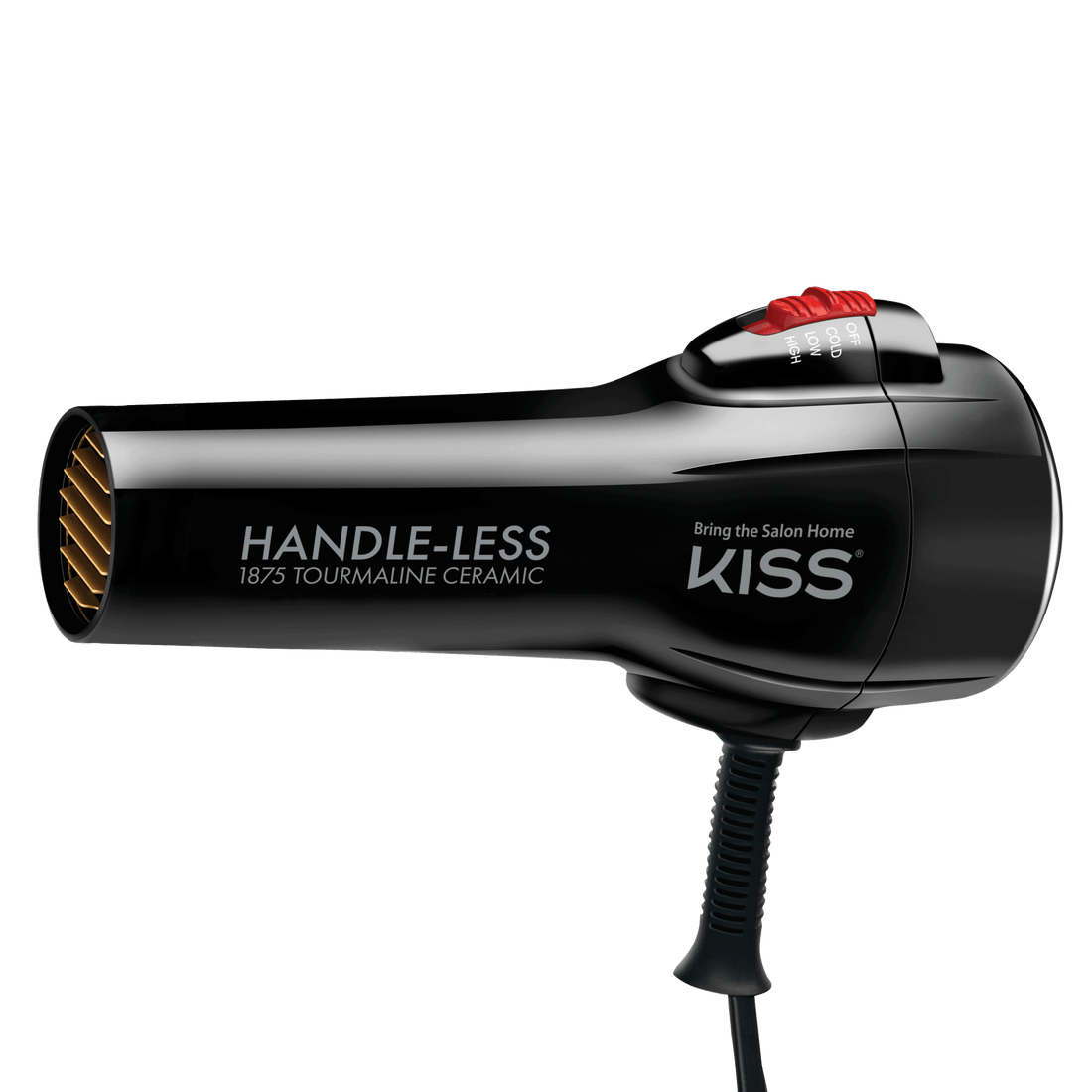 Black handle-less hair dryer with red speed settings switch labeled Off, Cold, Low, High; text on side reads \