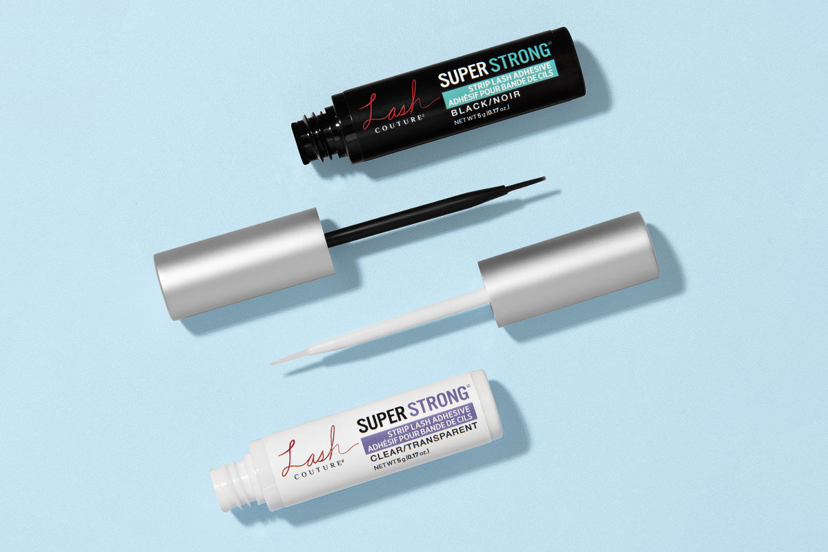 Lash Couture Super Strong strip lash adhesive in black and clear with applicator brushes.