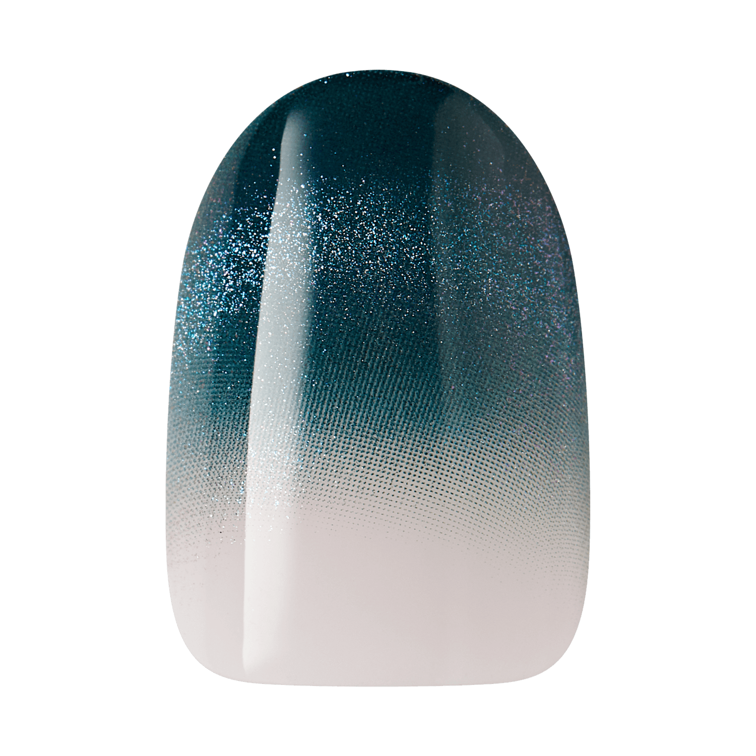 Glossy false nail with a gradient design fading from soft white at the base to dark teal at the tip, sprinkled with fine iridescent glitter.
