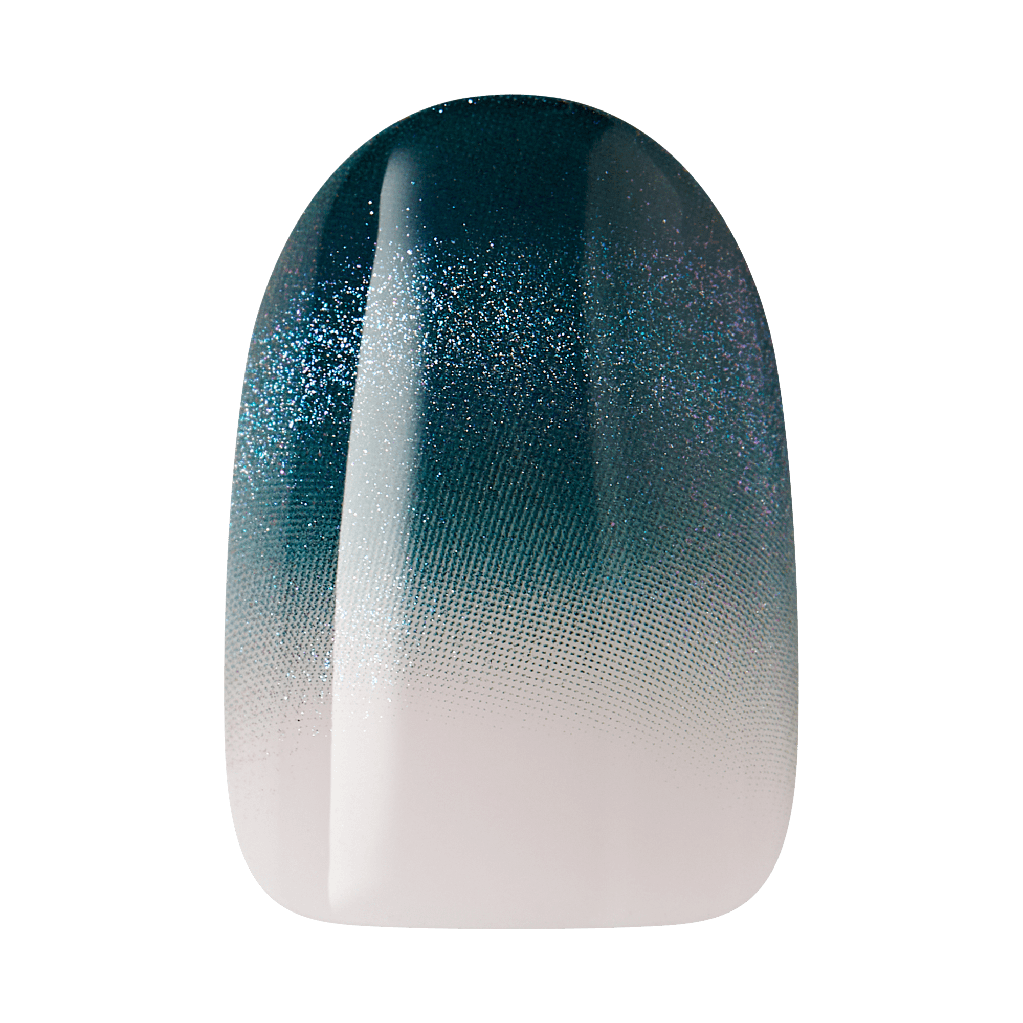 Glossy false nail with a gradient design fading from soft white at the base to dark teal at the tip, sprinkled with fine iridescent glitter.
