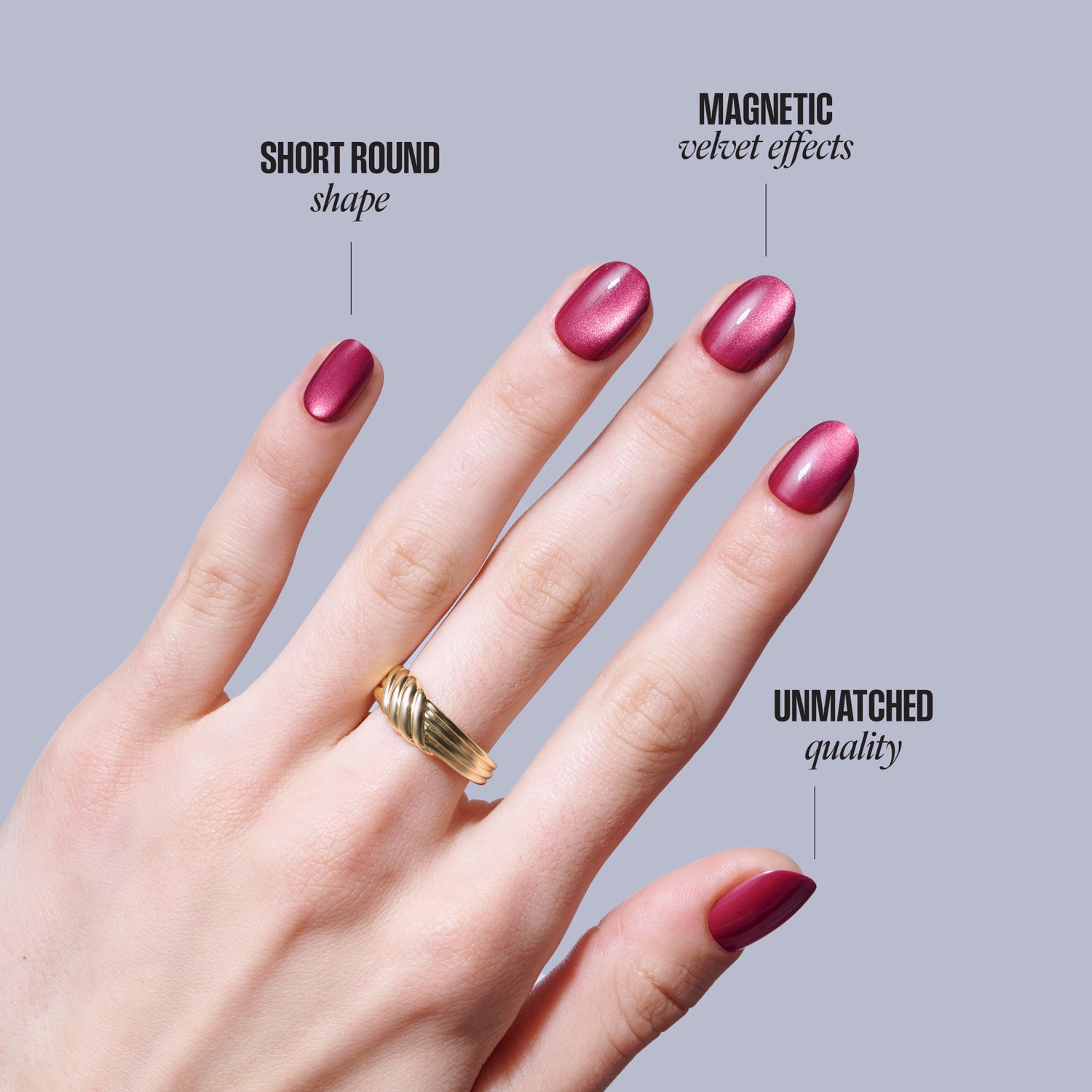 Burgundy nail polish comparison showing short round shape, magnetic velvet effects, and unmatched quality