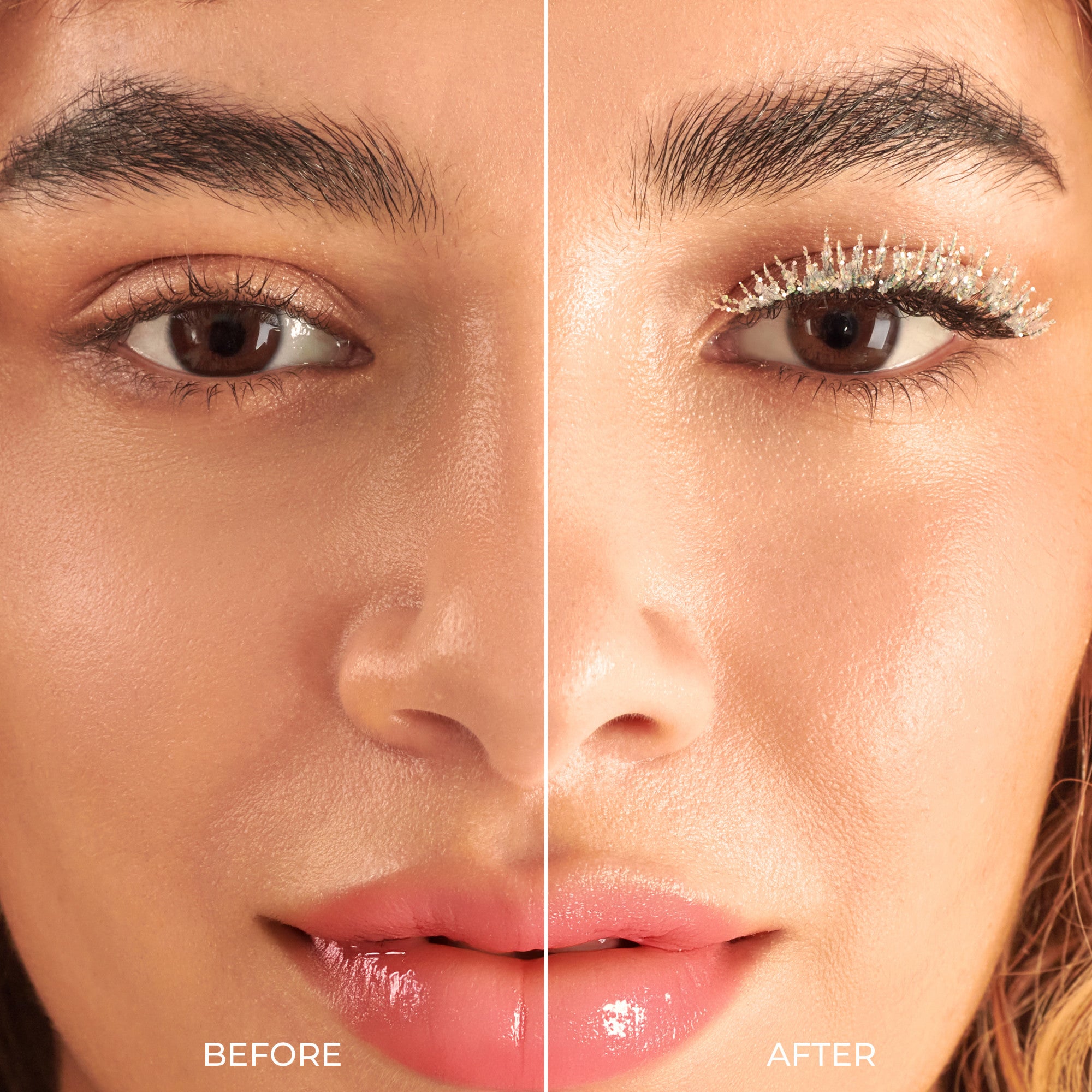 Before and after makeup comparison showing eyeshadow and mascara application.