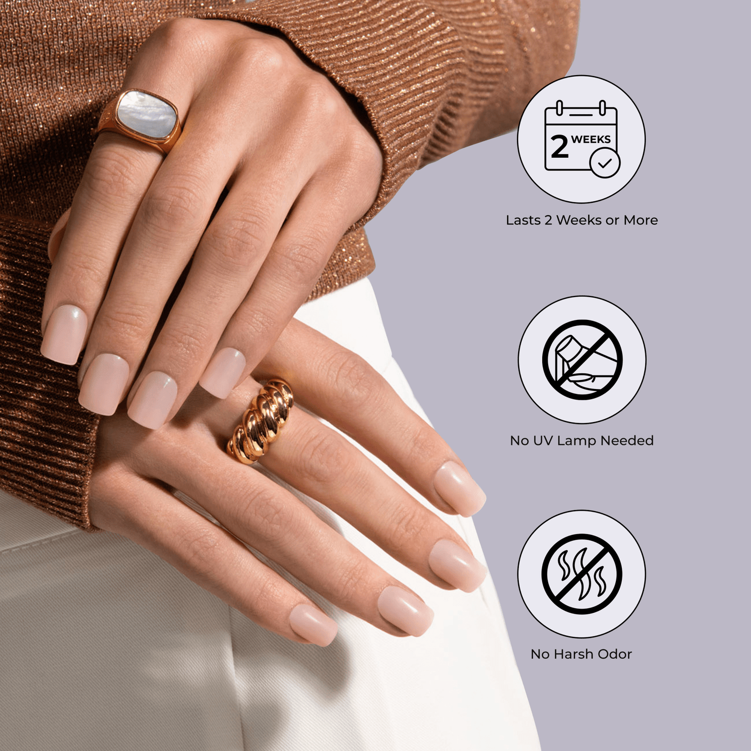 Well-manicured hands with natural-looking nude nails wearing gold rings on a gray background. Text highlights: \