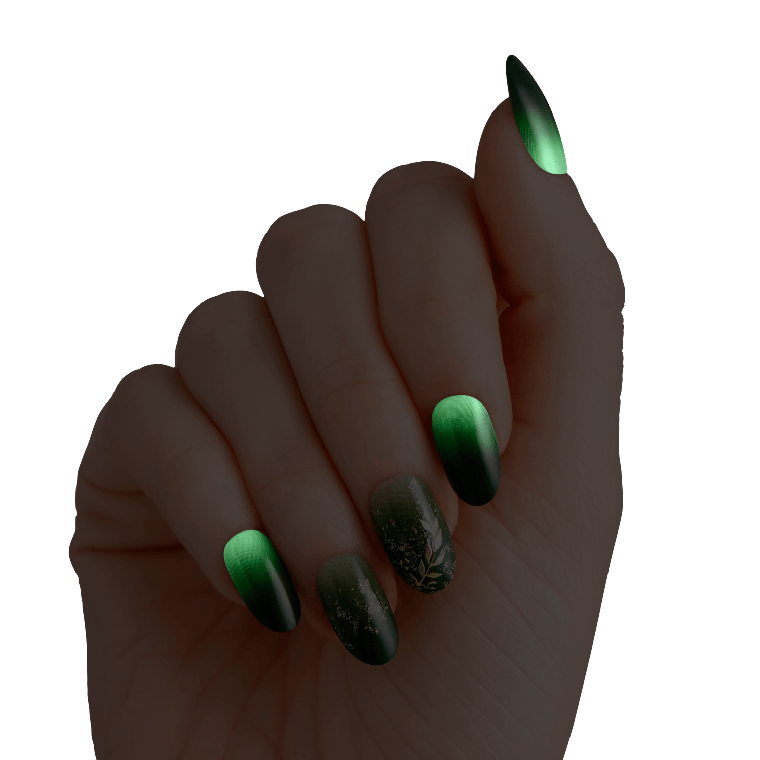 Hand with medium-length oval nails featuring a green ombré design with metallic finish; two nails have delicate gold leaf and botanical accents.