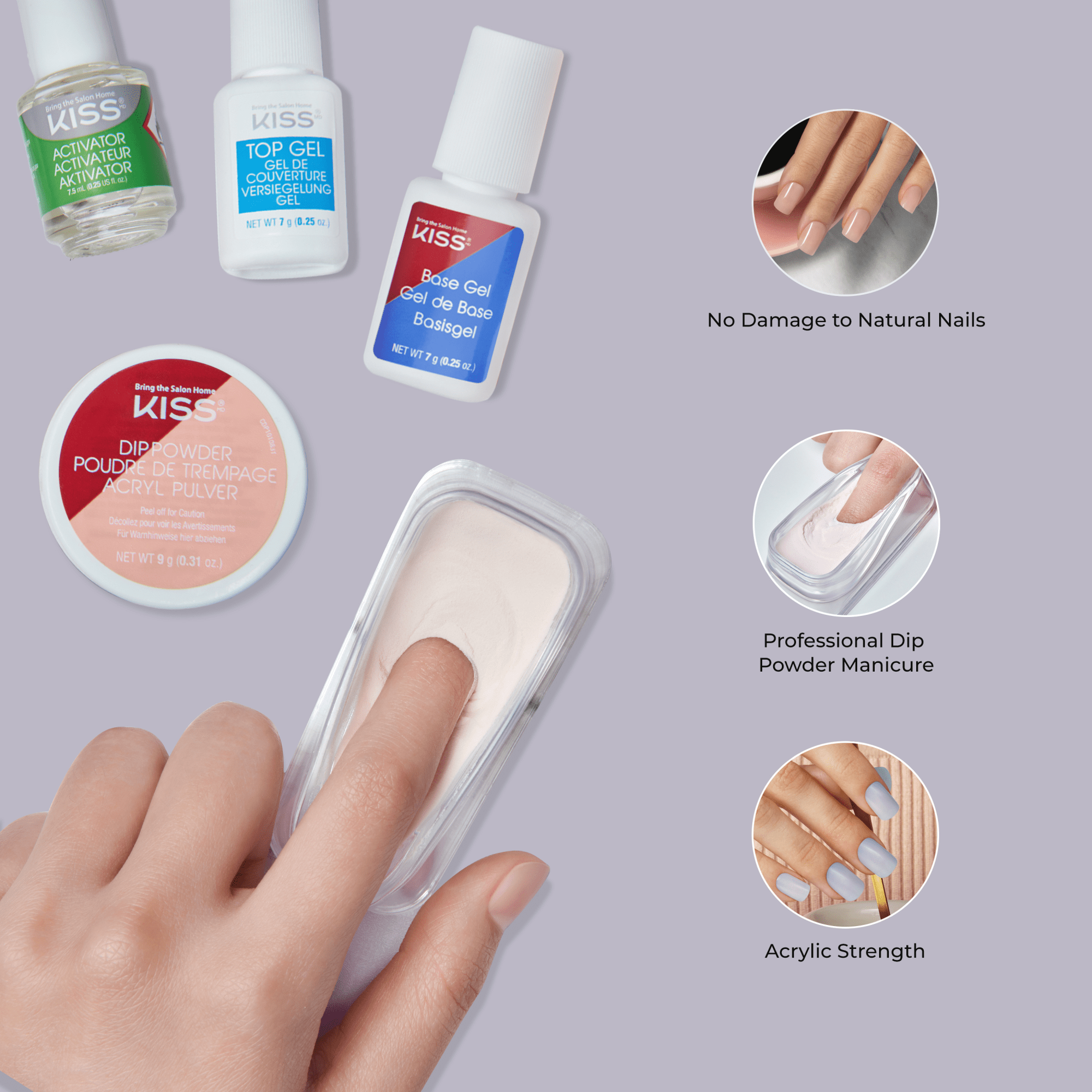Hand dipping finger into light pink powder with surrounding KISS Salon Dip products including activator, top gel, base gel, and dip powder containers. Text highlights no damage to natural nails, professional dip powder manicure, and acrylic strength benefits.