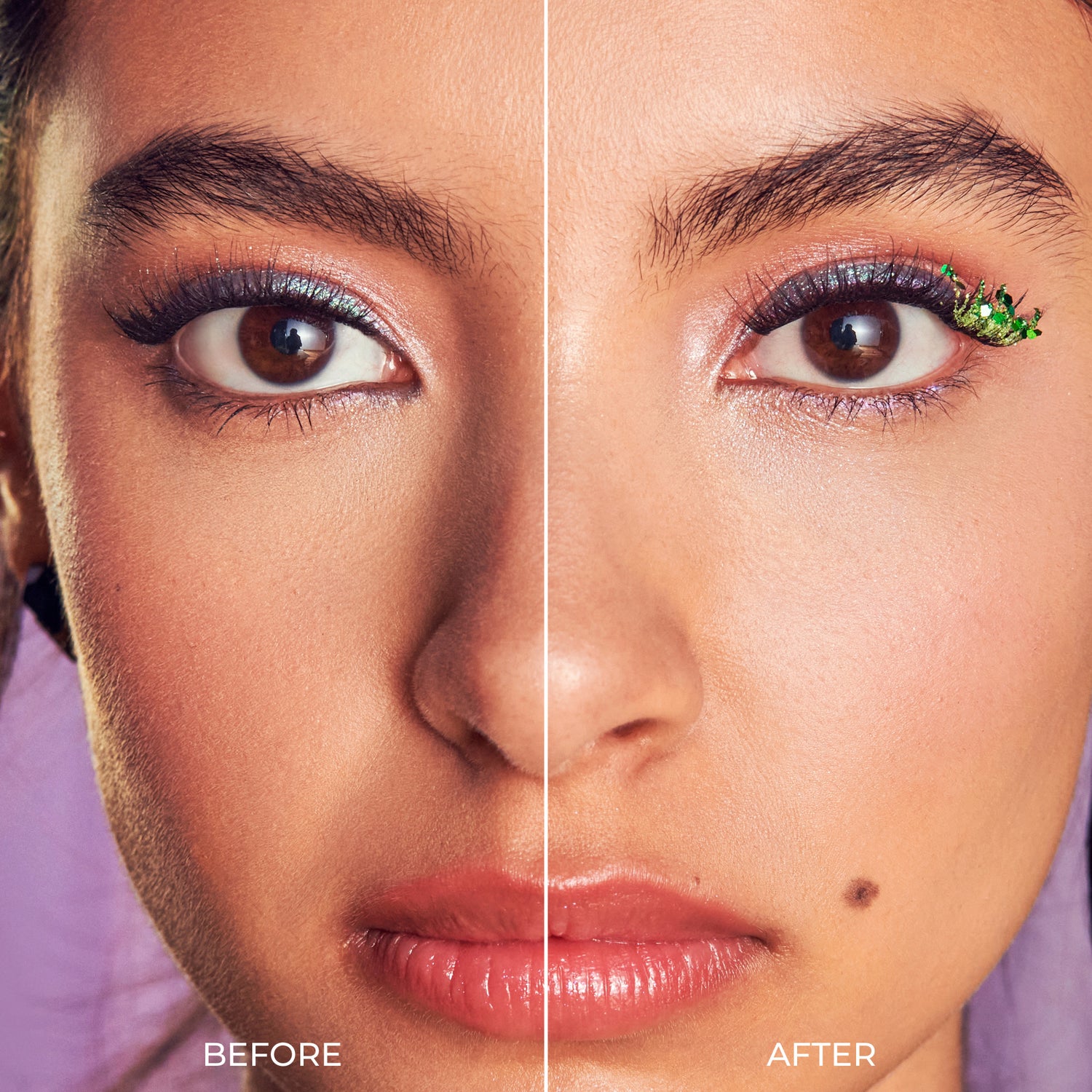 Before and after makeup comparison showing eye and lip application techniques with green glitter accent.