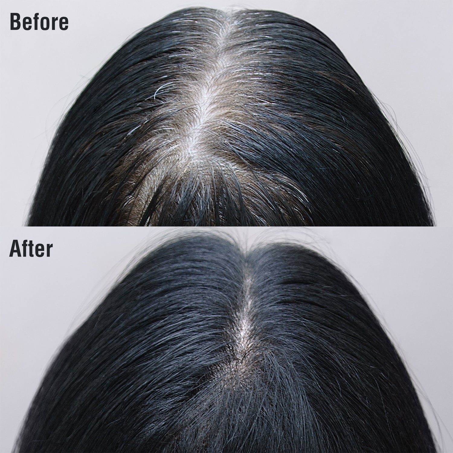 Top-down view showing a scalp with gray roots before and after using KISS Colors &amp; Care Tintation Spray in Jet Black, visibly covering gray hair.
