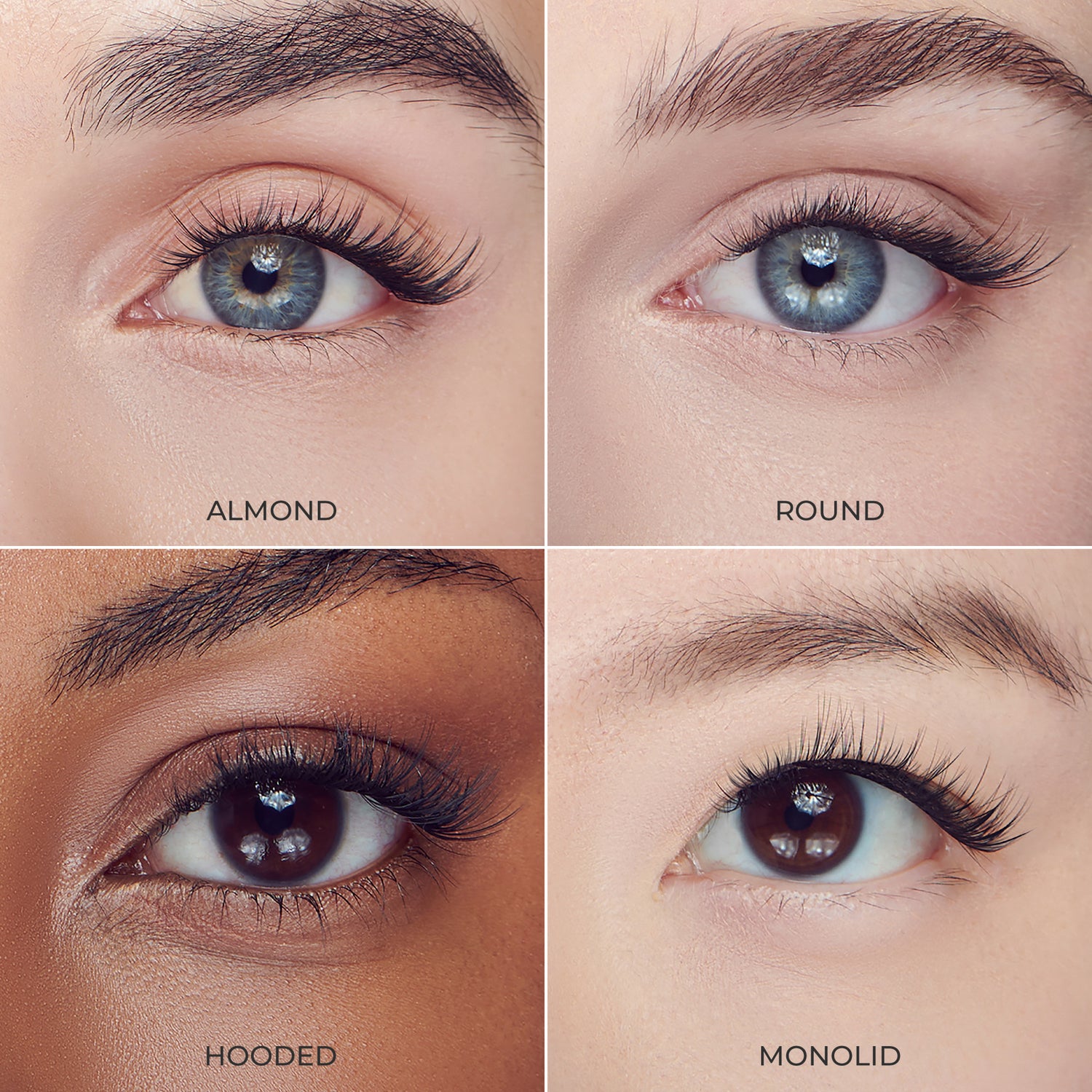 Close-up view of four eyes with different shapes—almond, round, hooded, monolid—each featuring natural-looking lengthened upper eyelashes.
