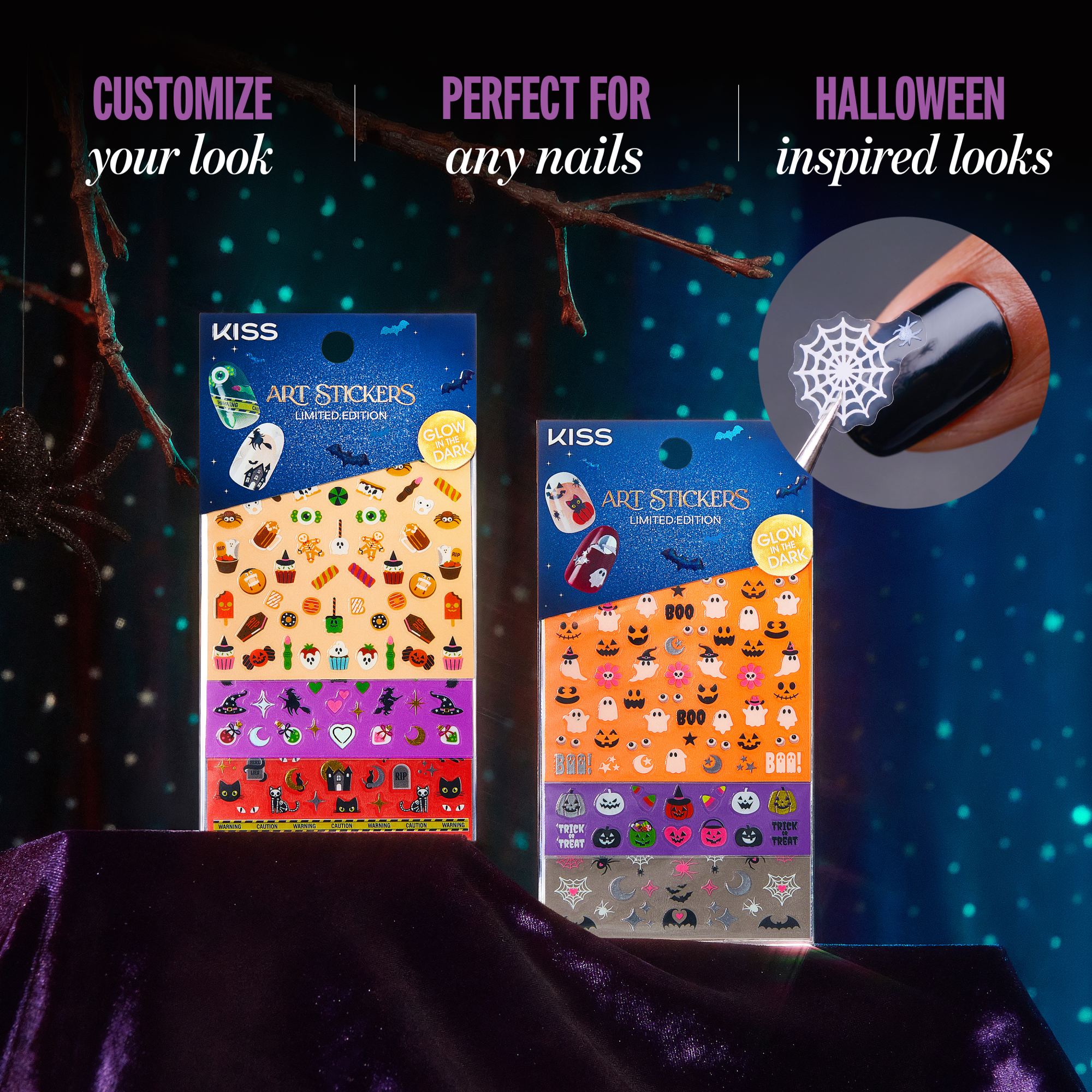 Kiss Glow-In-The-Dark Halloween Press On Fake Nail Art Stickers - Mischief | 3 Sheets, Multicolor