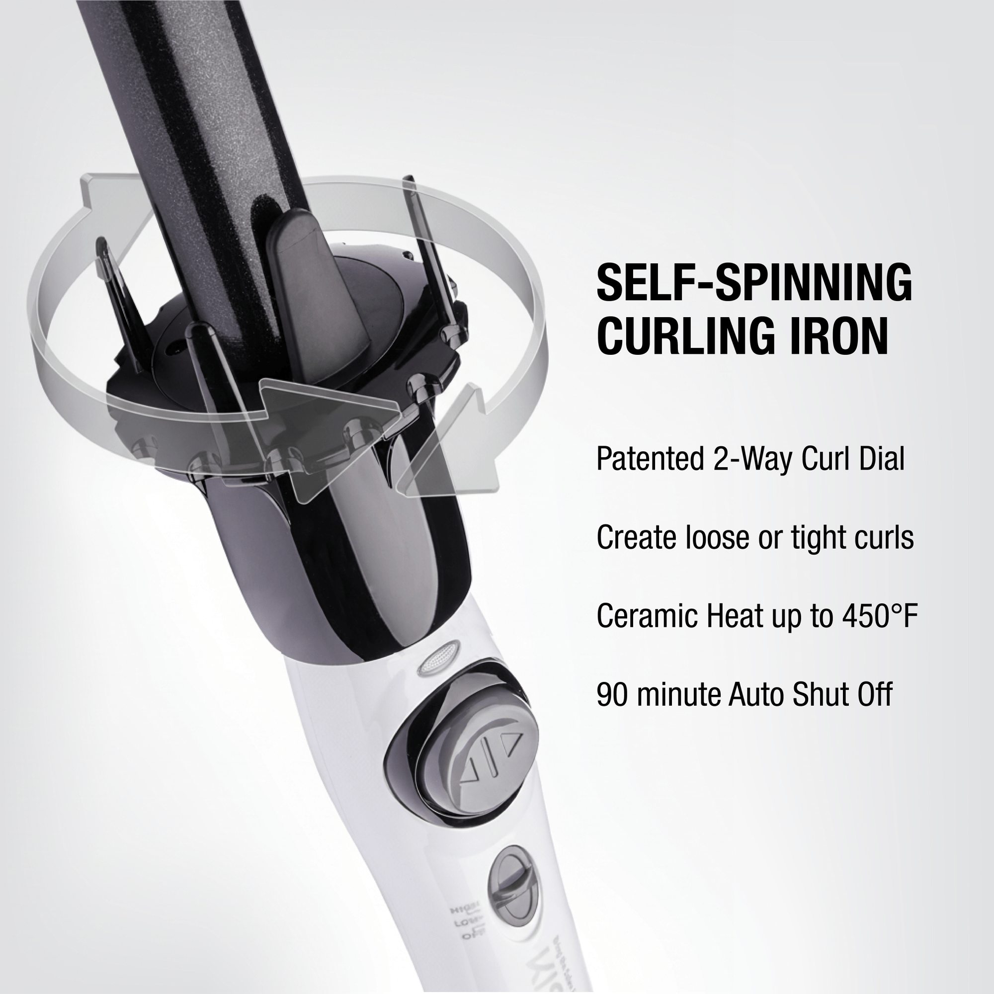 Self-spinning curling iron with black and white handle, featuring a patented 2-way curl dial. Highlights include loose or tight curls, ceramic heat up to 450°F, and 90-minute auto shut off.