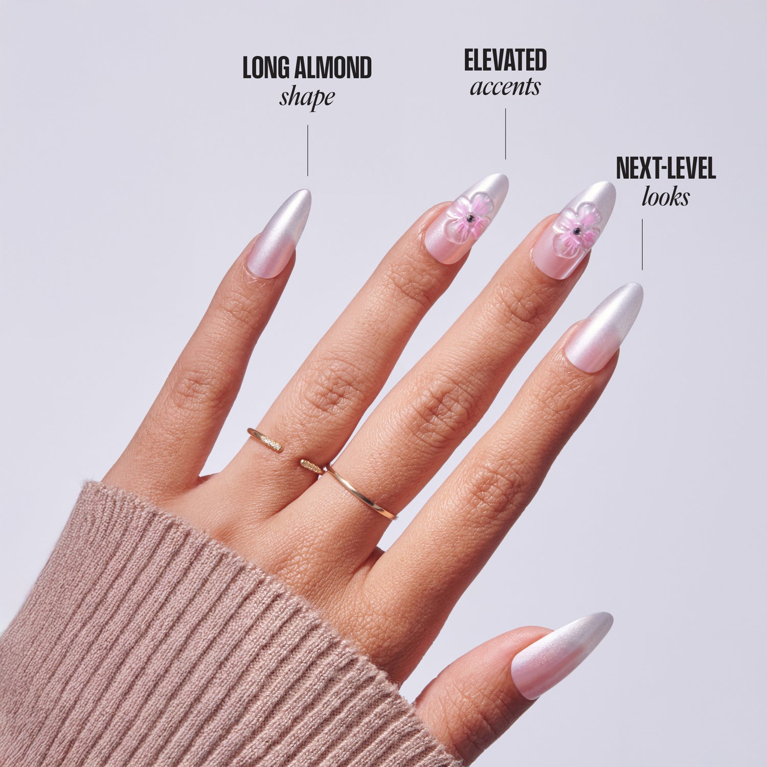 Three nail designs: long almond shape, elevated accents with pink flowers, next-level looks with gradient polish.