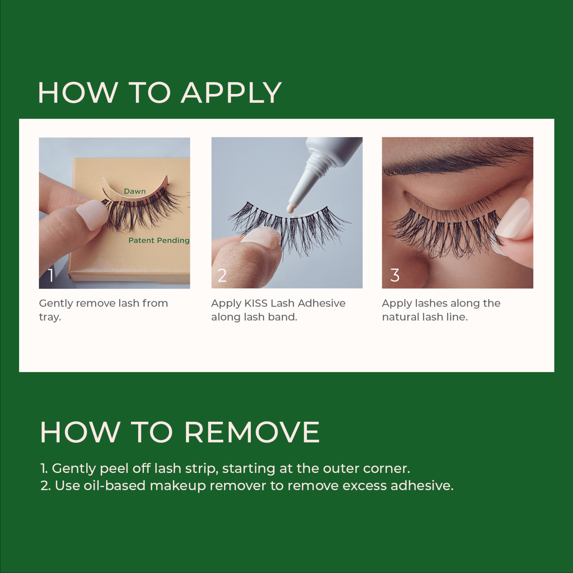 Instructions panel with a green background showing three steps to apply false eyelashes: 1) hand holding lashes labeled \