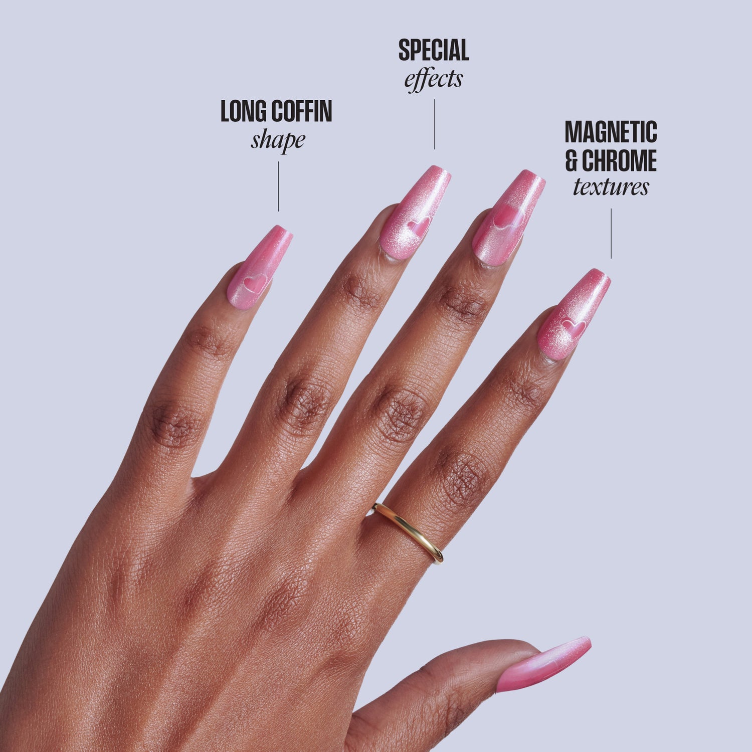 Pink nails with long coffin shape, special effects, magnetic and chrome textures on hand model.