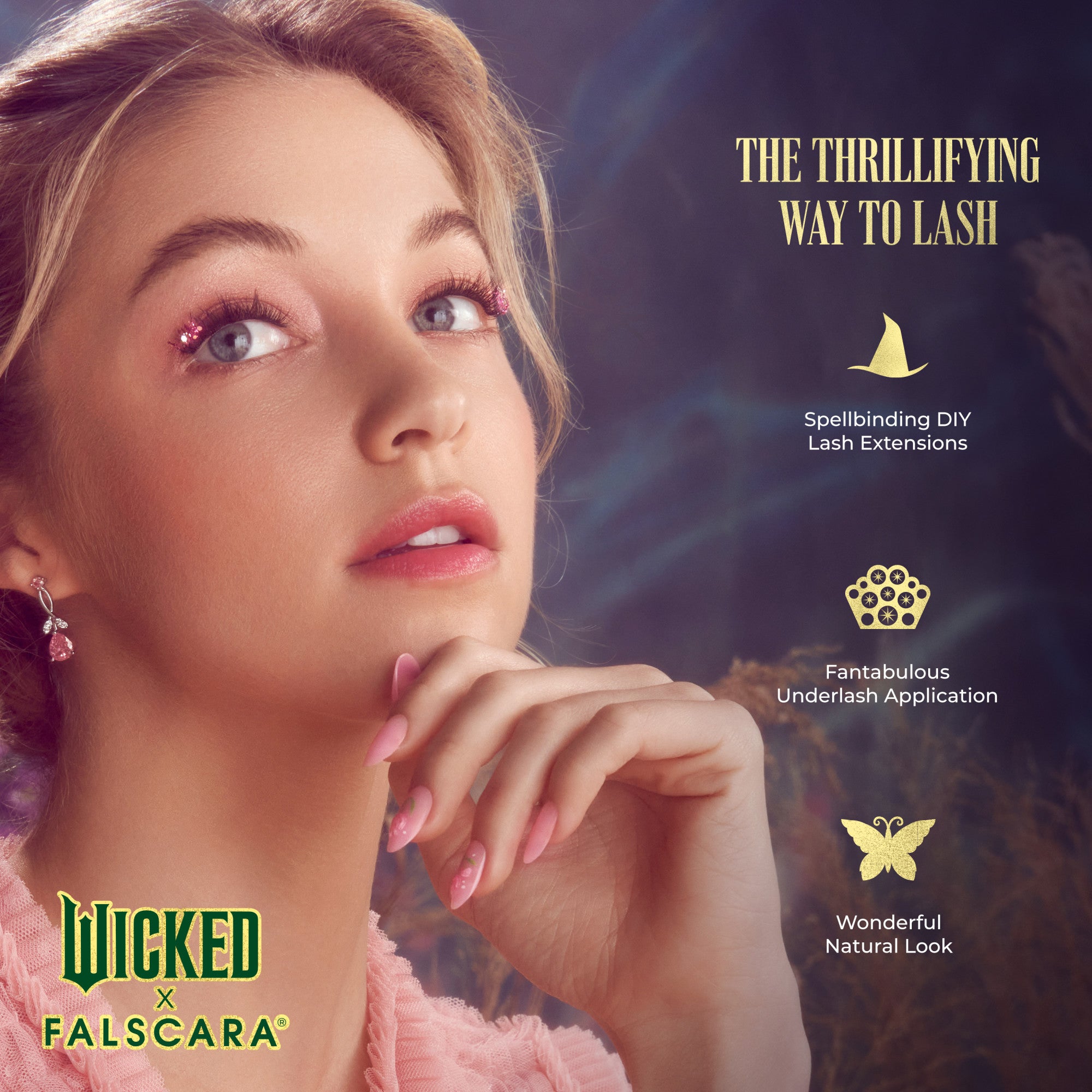Close-up of a woman with pink glitter false eyelashes on upper lash line, softly posed with pink nails and earrings, with text highlighting DIY lash extensions, underlash application, and natural look.