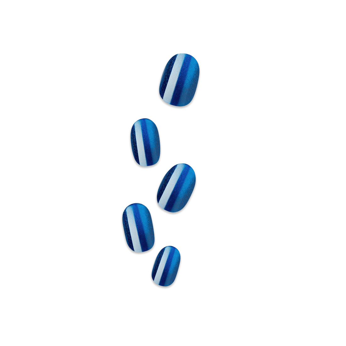 Set of five press-on nails in varying sizes, featuring a shiny gradient design with vertical blue and teal stripes and a white accent stripe.