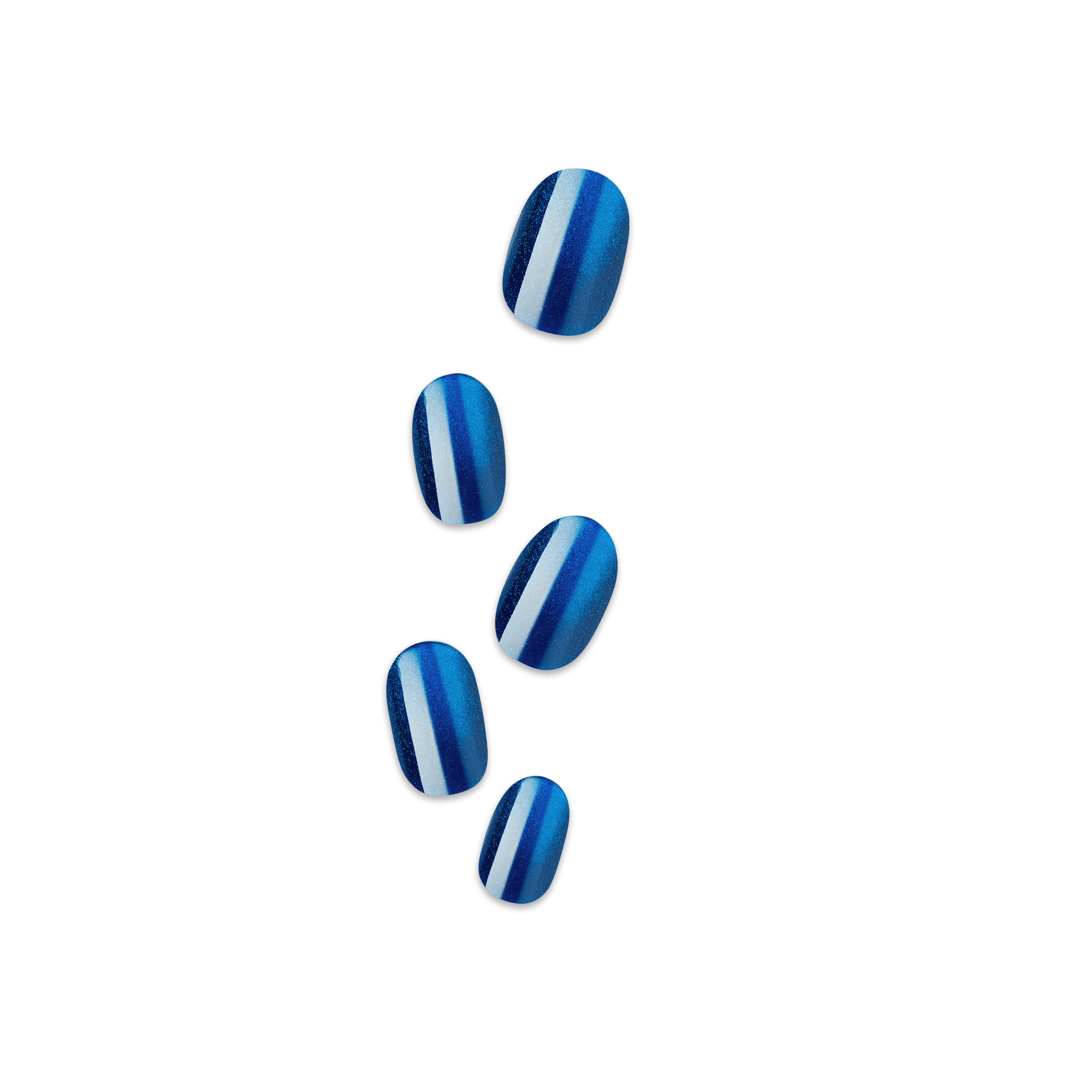 Set of five press-on nails in varying sizes, featuring a shiny gradient design with vertical blue and teal stripes and a white accent stripe.