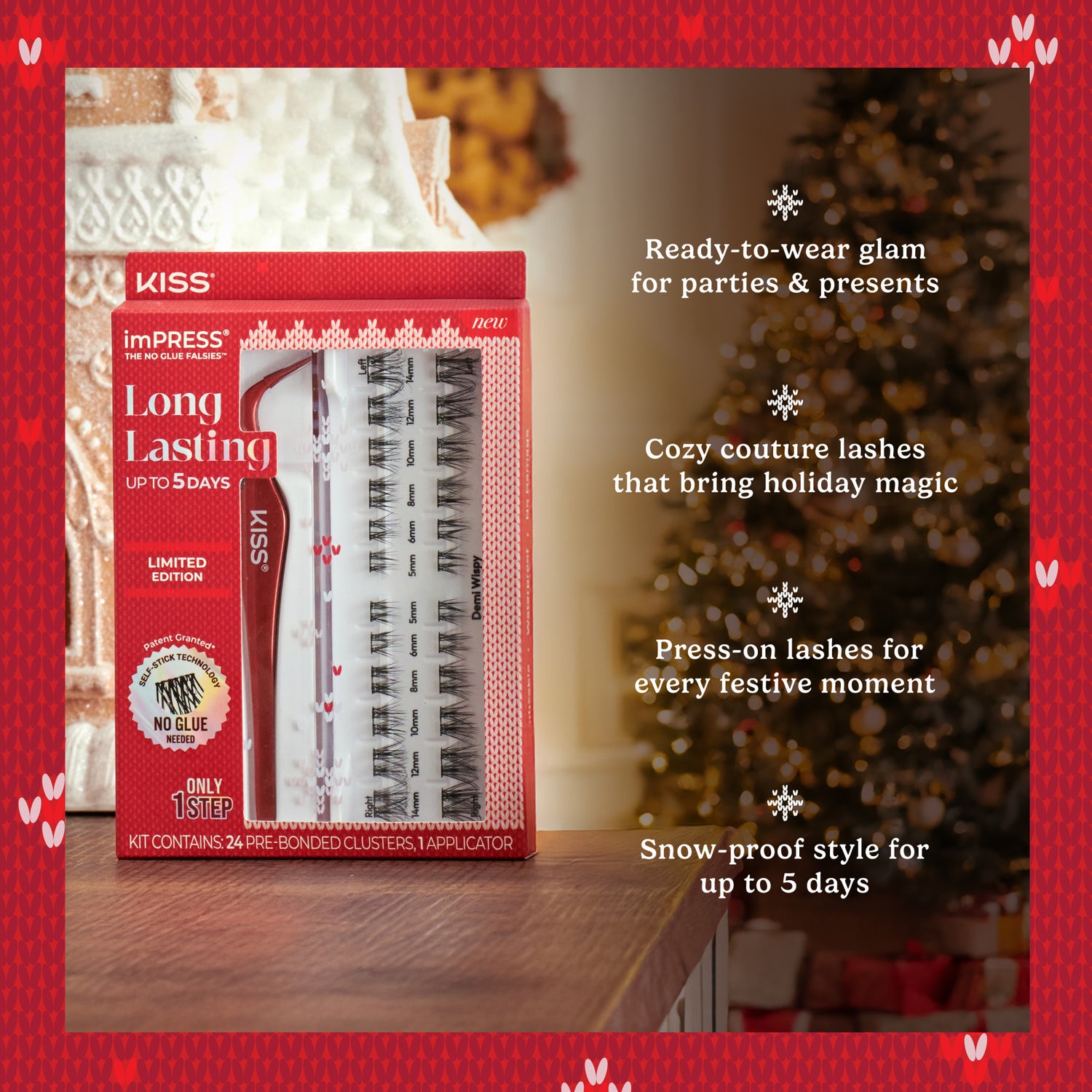 KISS imPRESS Long Lasting press-on lashes, holiday-themed packaging, limited edition.