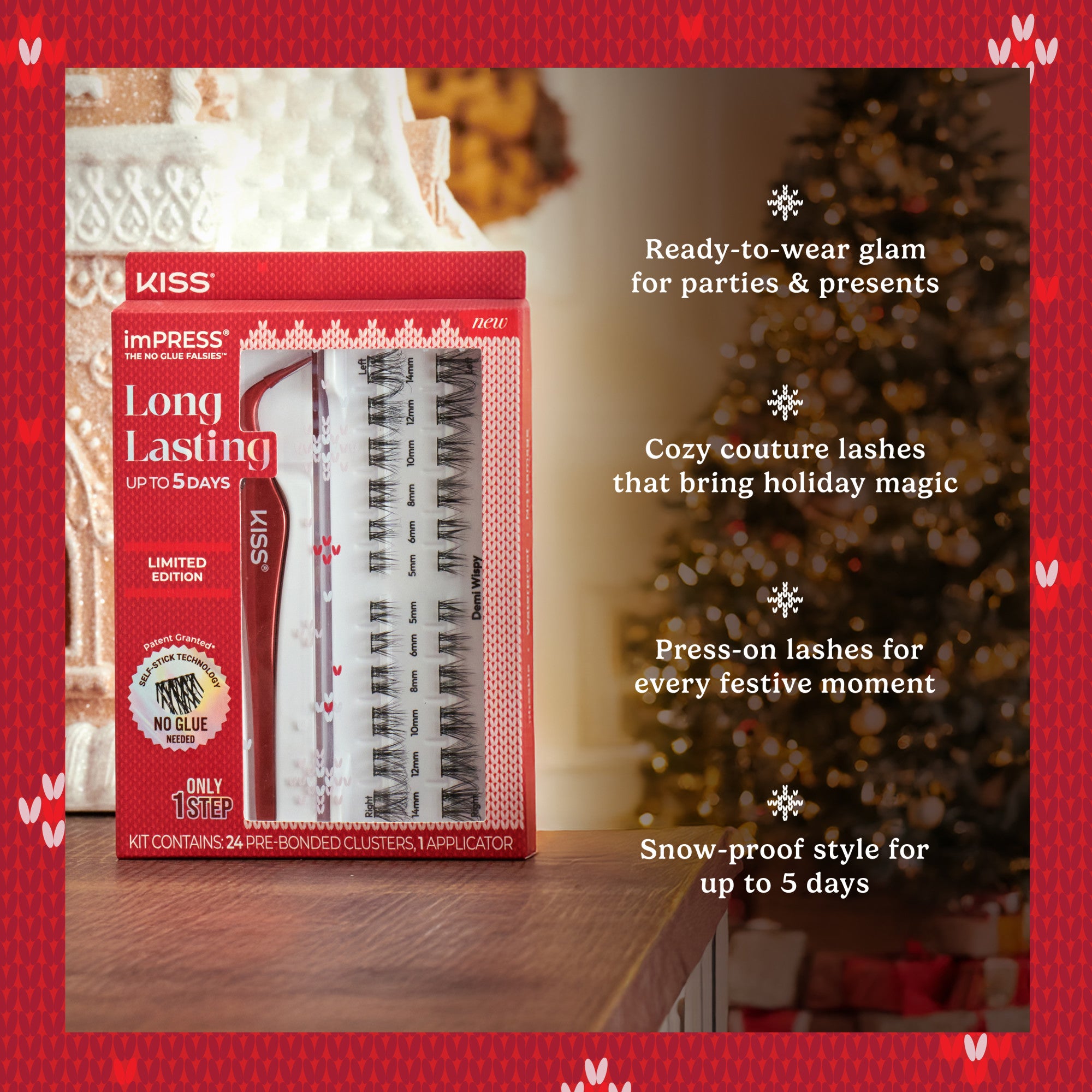 KISS imPRESS Long Lasting press-on lashes, holiday-themed packaging, limited edition.