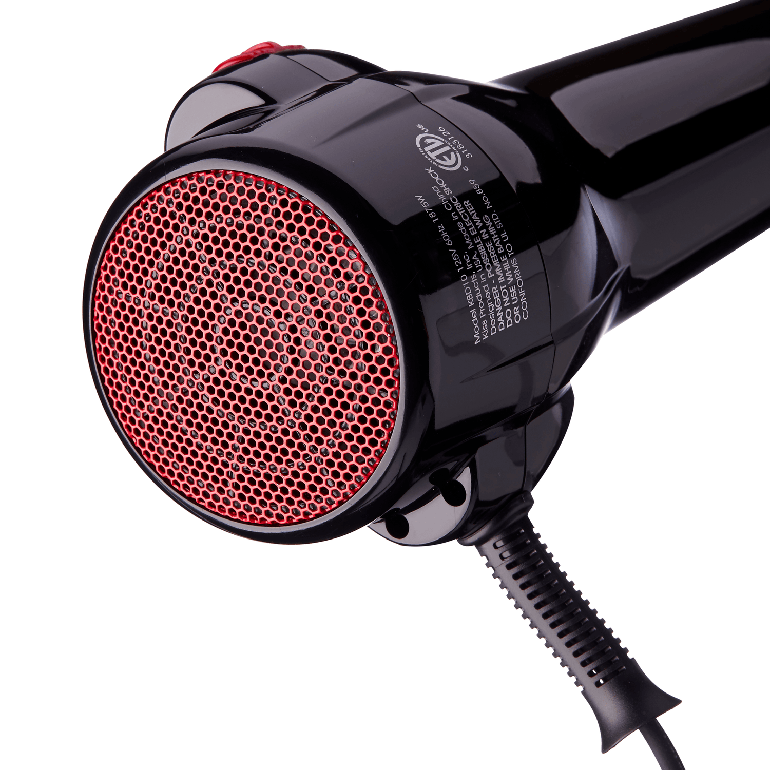 Black handle-less hair dryer with a red honeycomb grill on the back, angled to show the rear vent and power cord connection.
