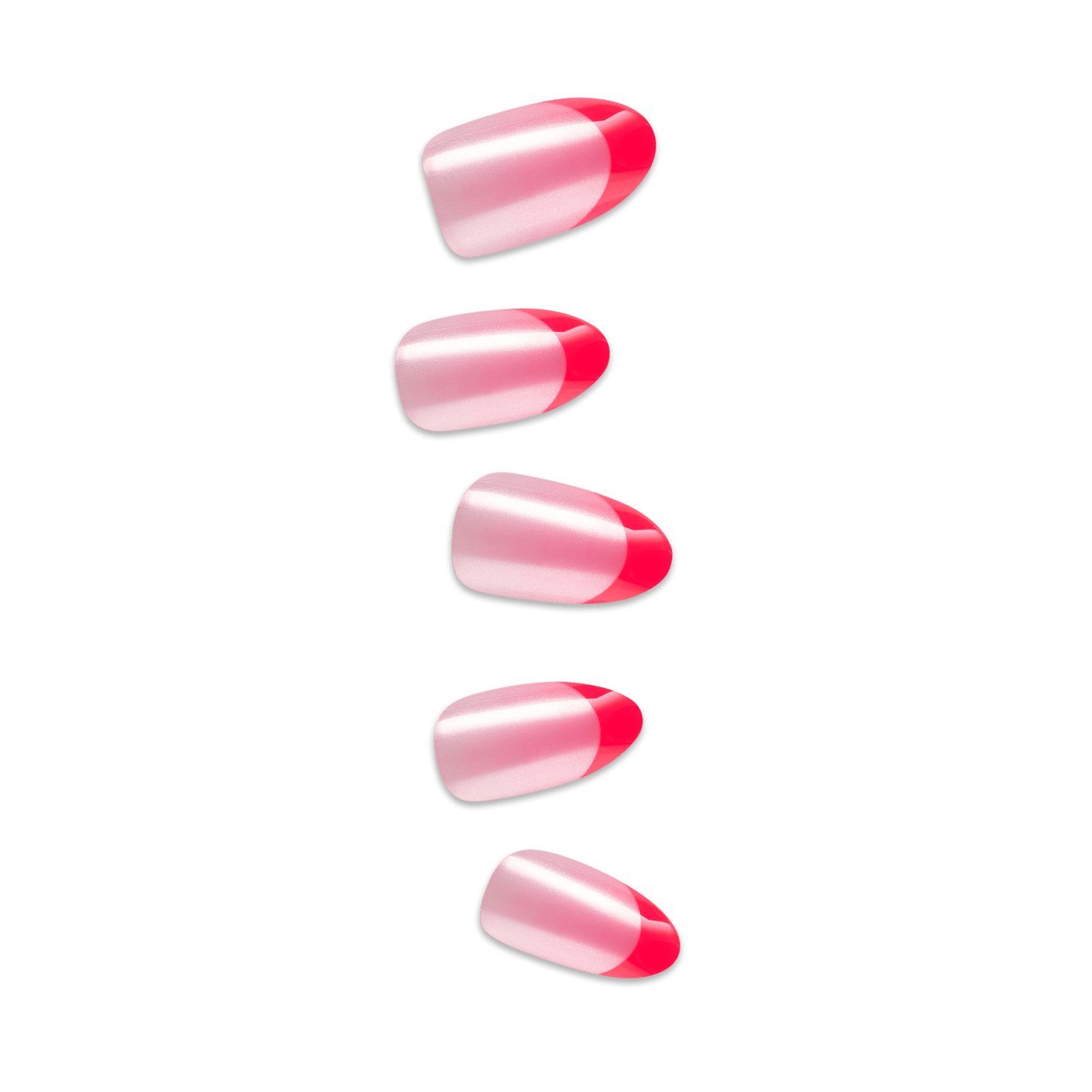 Set of five glossy press-on nails with a pink gradient design that transitions from light pink to bright pink tips, shown on a transparent background.