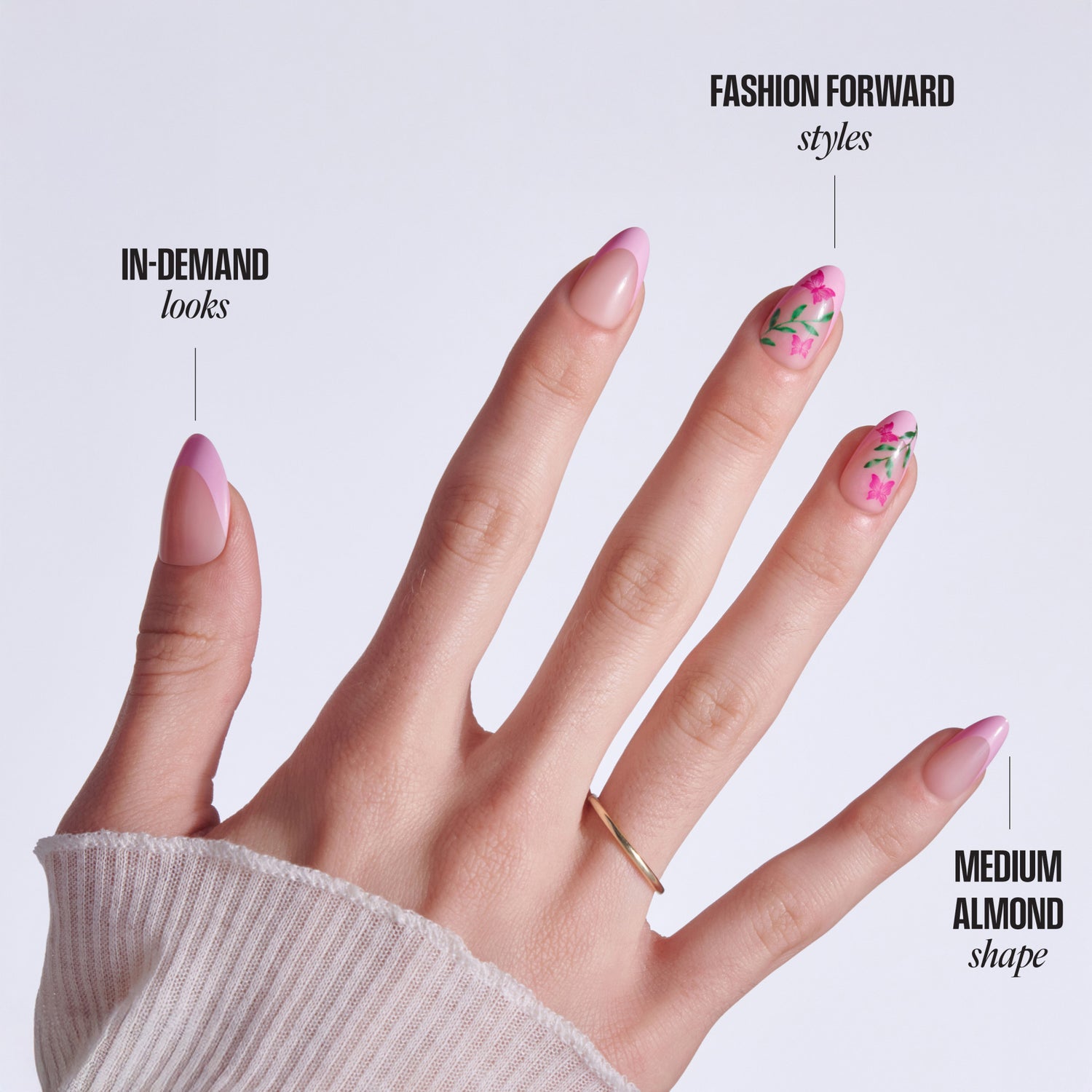 Nail design comparison: pink almond nails labeled "in-demand looks" vs. floral patterned nails labeled "fashion forward...