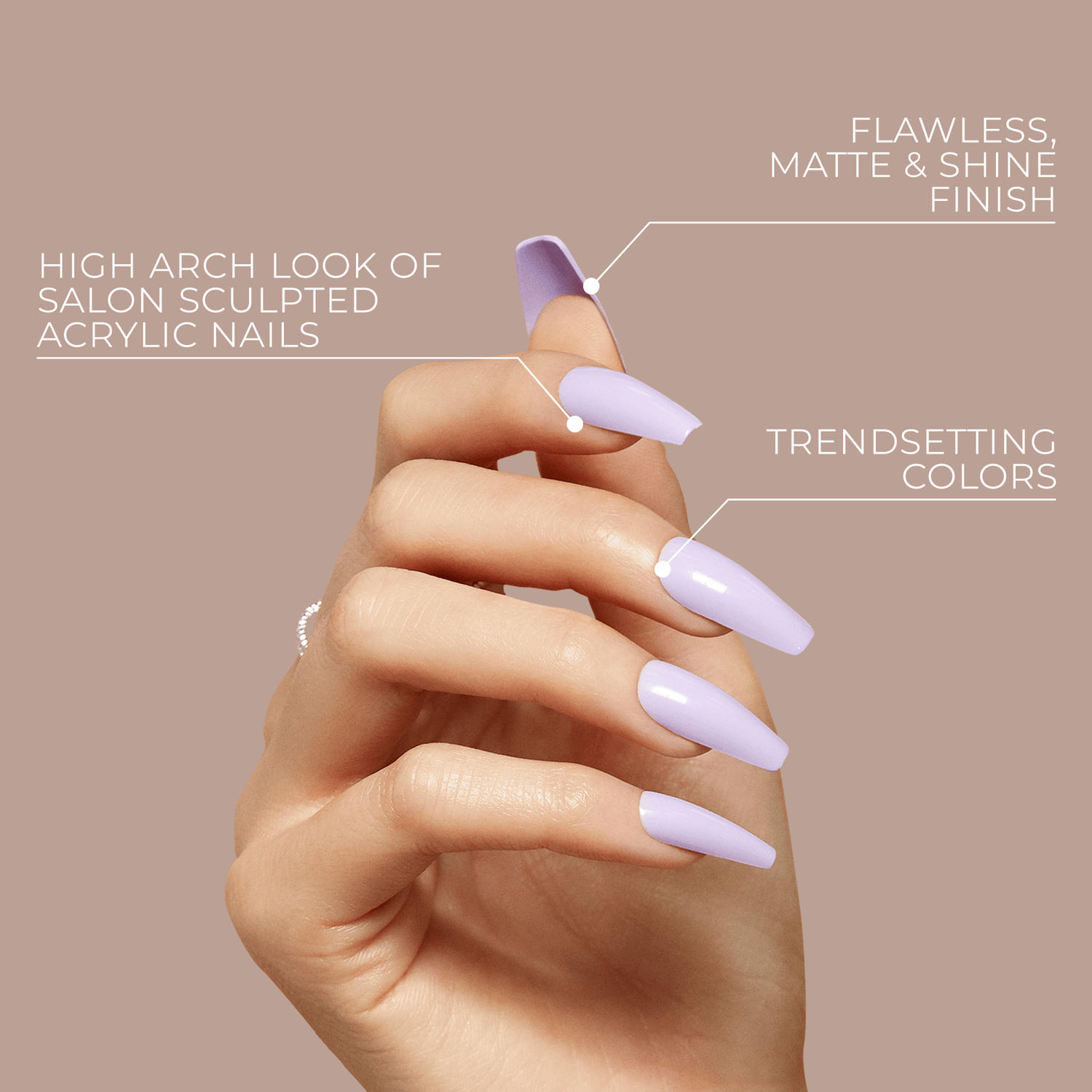 Hand with long, lavender press-on nails showcasing high arch salon sculpted acrylic look, matte and shine finish, and trendsetting colors on a beige background.