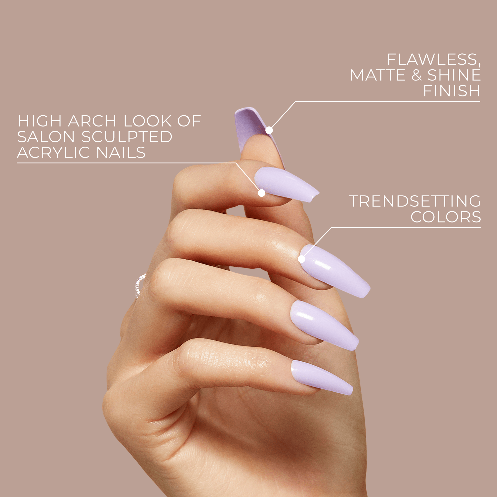 Hand with long, lavender press-on nails showcasing high arch salon sculpted acrylic look, matte and shine finish, and trendsetting colors on a beige background.