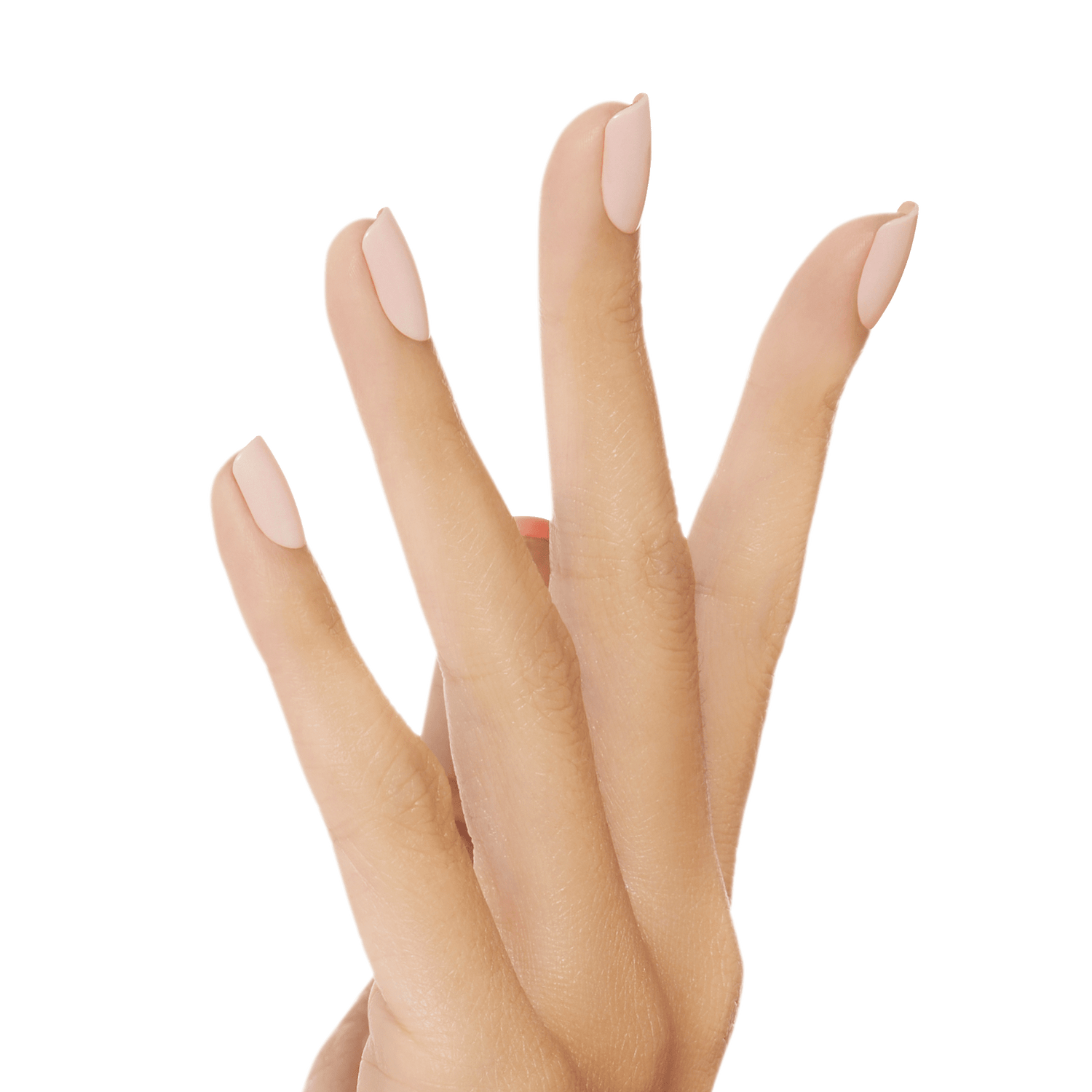 Fingers with long, almond-shaped press-on nails in a soft matte pink shade, shown against a transparent background.