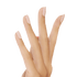 Fingers with long, almond-shaped press-on nails in a soft matte pink shade, shown against a transparent background.