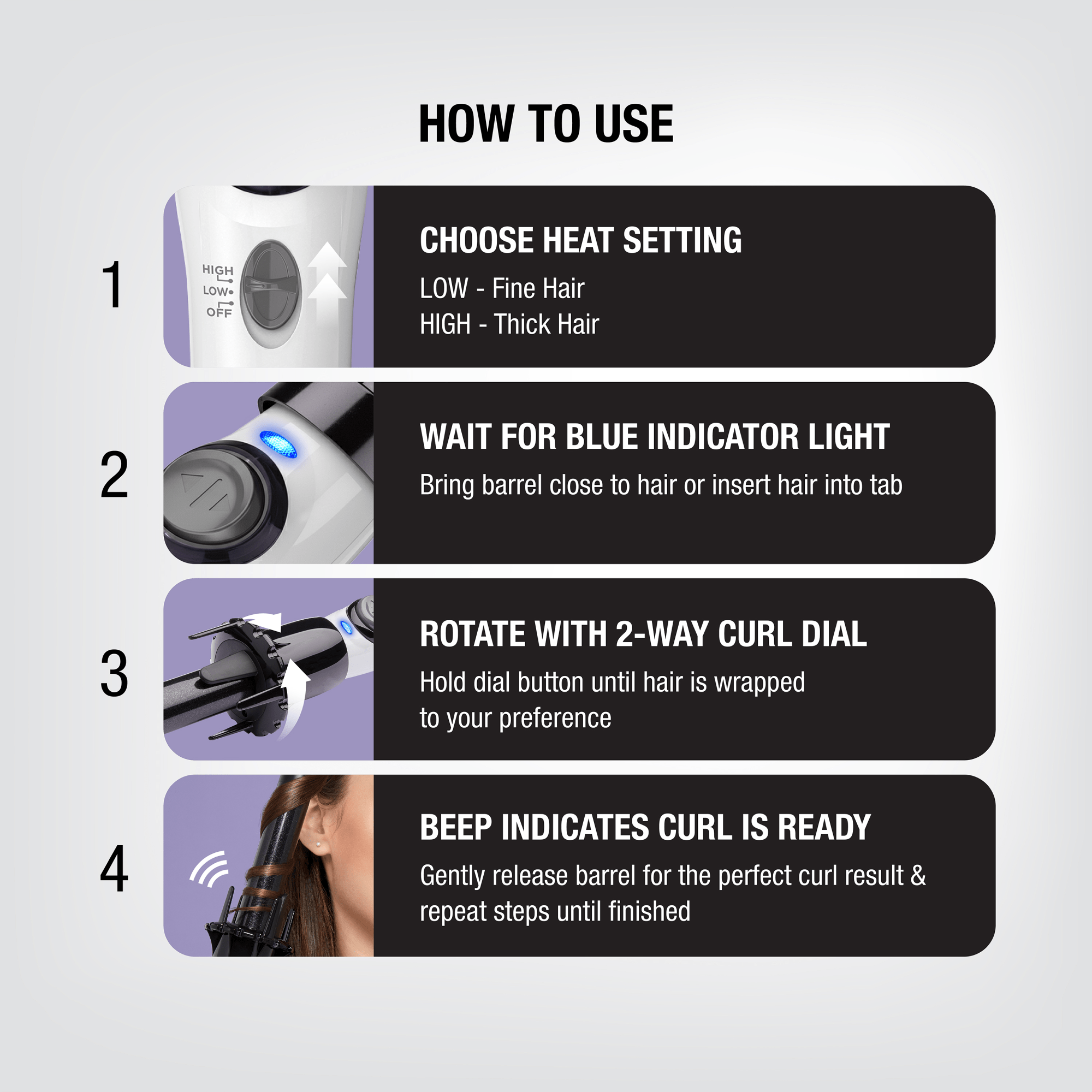 Instructions for using Instawave Automatic Hair Curler showing heat setting switch, blue indicator light, 2-way curl dial rotation, and curling hair with beep signal.