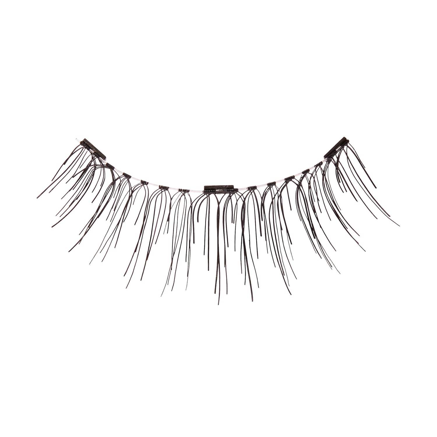 Delicate black magnetic strip eyelash with sparse, thin, long fibers spaced along a flexible band, designed for easy application.