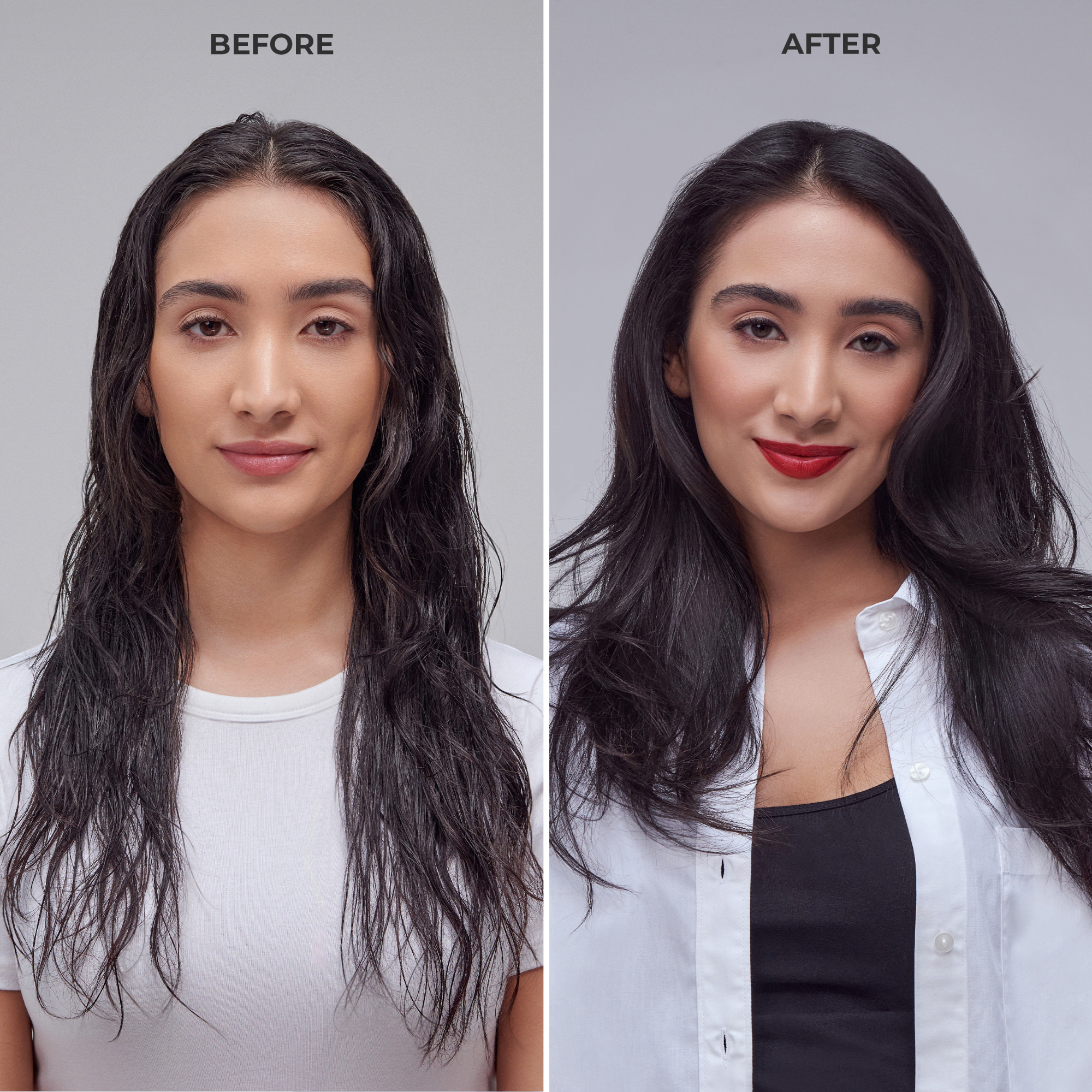Side-by-side portraits of a woman labeled \