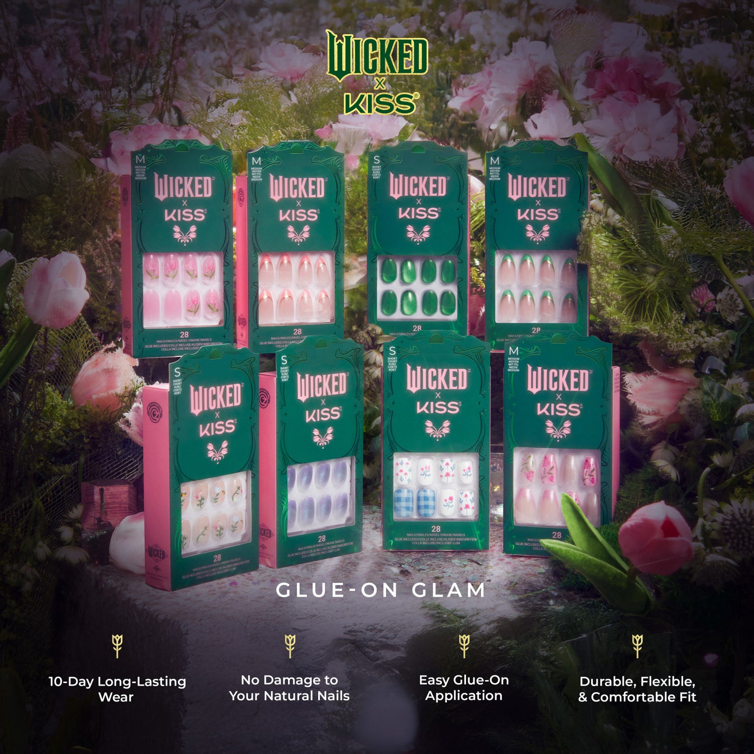 Eight packs of Wicked x Kiss glue-on nails in various floral and pastel designs are arranged on a textured surface with a floral background. Text highlights 10-day wear, no damage to natural nails, easy glue-on application, and a comfortable fit.