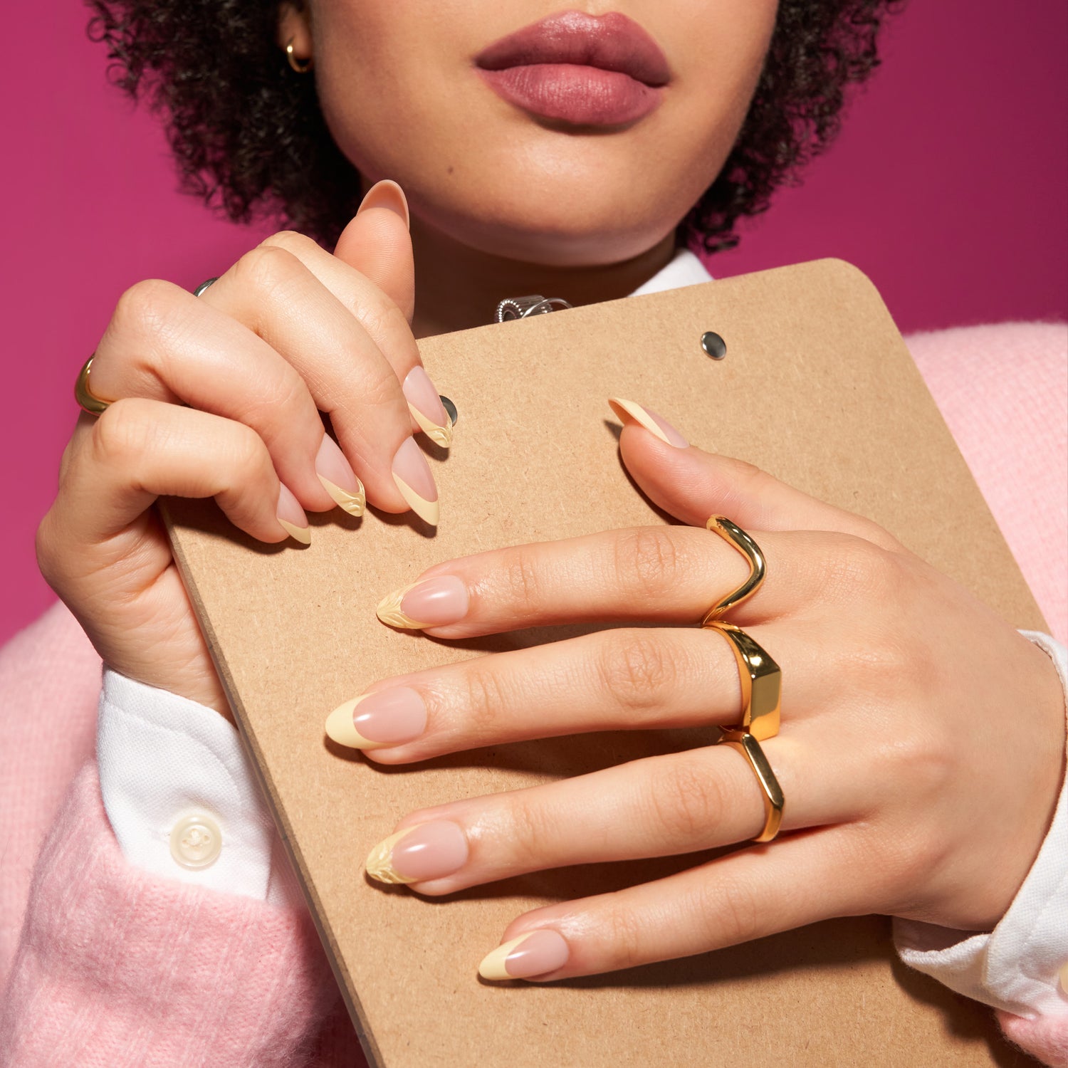 Kiss Glam Jeweled Press On Fake Glue Nails - Gleam Catcher | 3D &amp; Jeweled French, Yellow, Medium, Almond