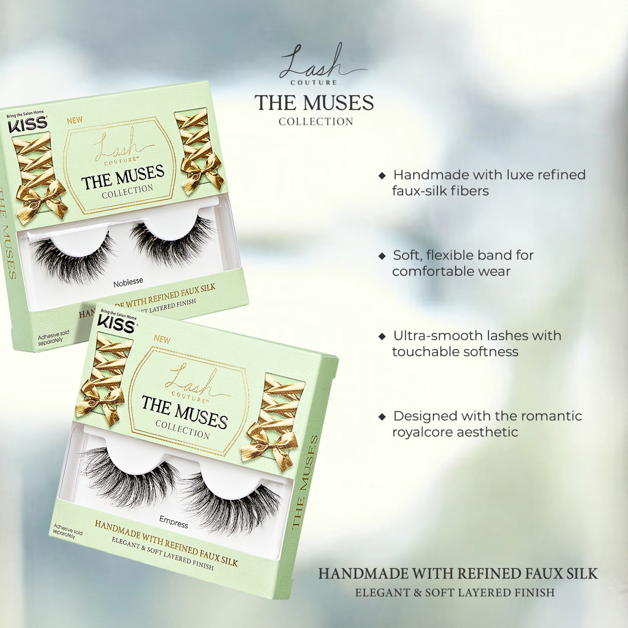 Two light green KISS Lash Couture The Muses Collection eyelash boxes, labeled Noblesse and Empress, showing black layered lashes. Text highlights handmade faux-silk fibers, flexible band, ultra-smooth softness, and romantic royalcore design.