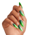 Hand with long stiletto-shaped nails featuring a green ombre design with dark green at the base fading to bright green tips, accented with silver glitter.