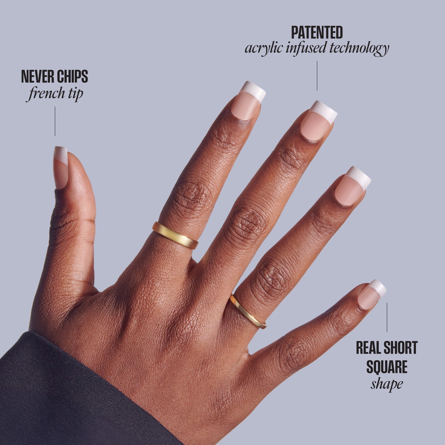 Hand displaying acrylic nails with French tip and square shape, patented acrylic infused technology
