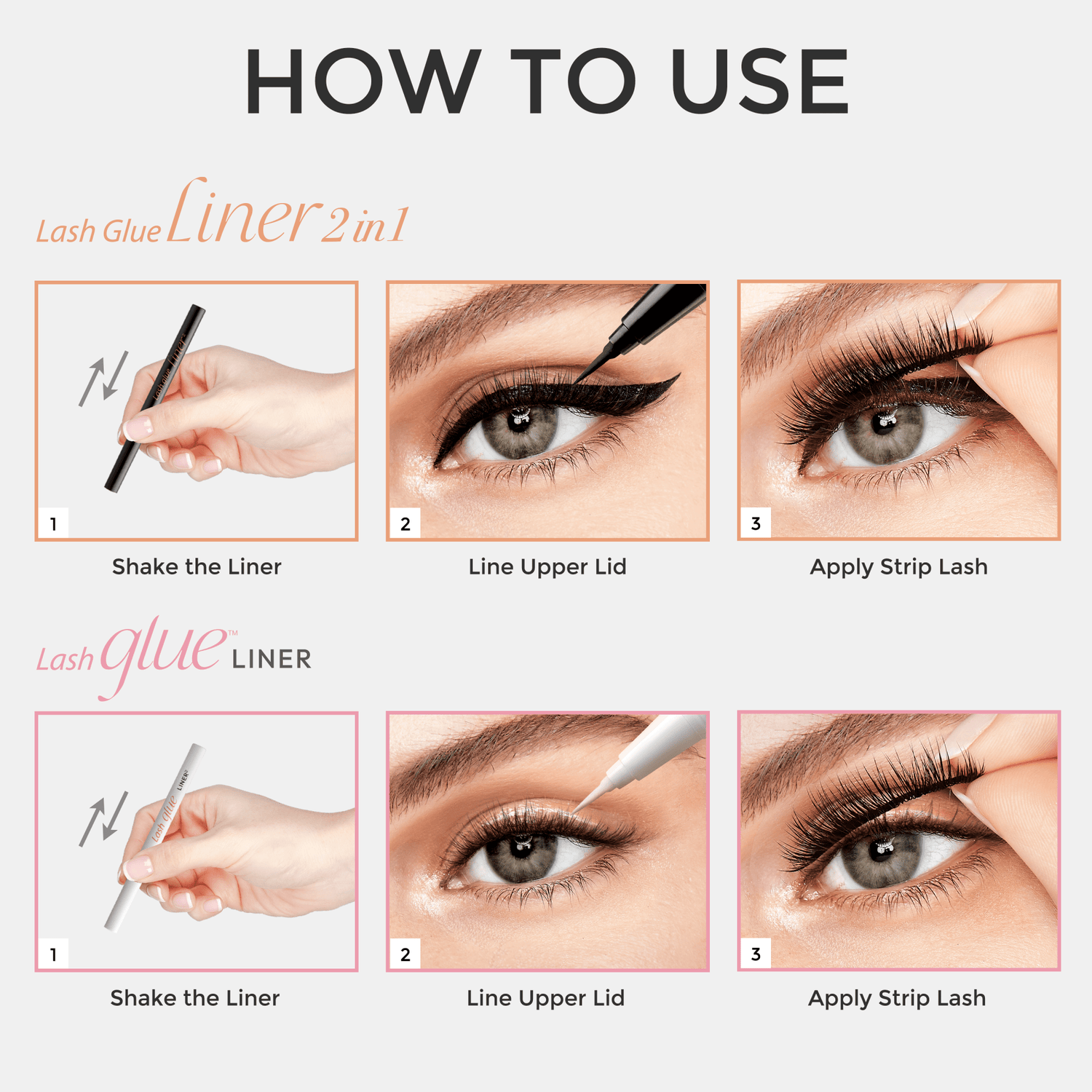 Instructions for KISS Lash GLUEliner in two rows: Top row shows a hand shaking a black liner pen, applying black liner to upper eyelid, then placing a strip lash. Bottom row repeats with a white Lash Glue liner pen shaking, lining upper eyelid, and applying strip lash.