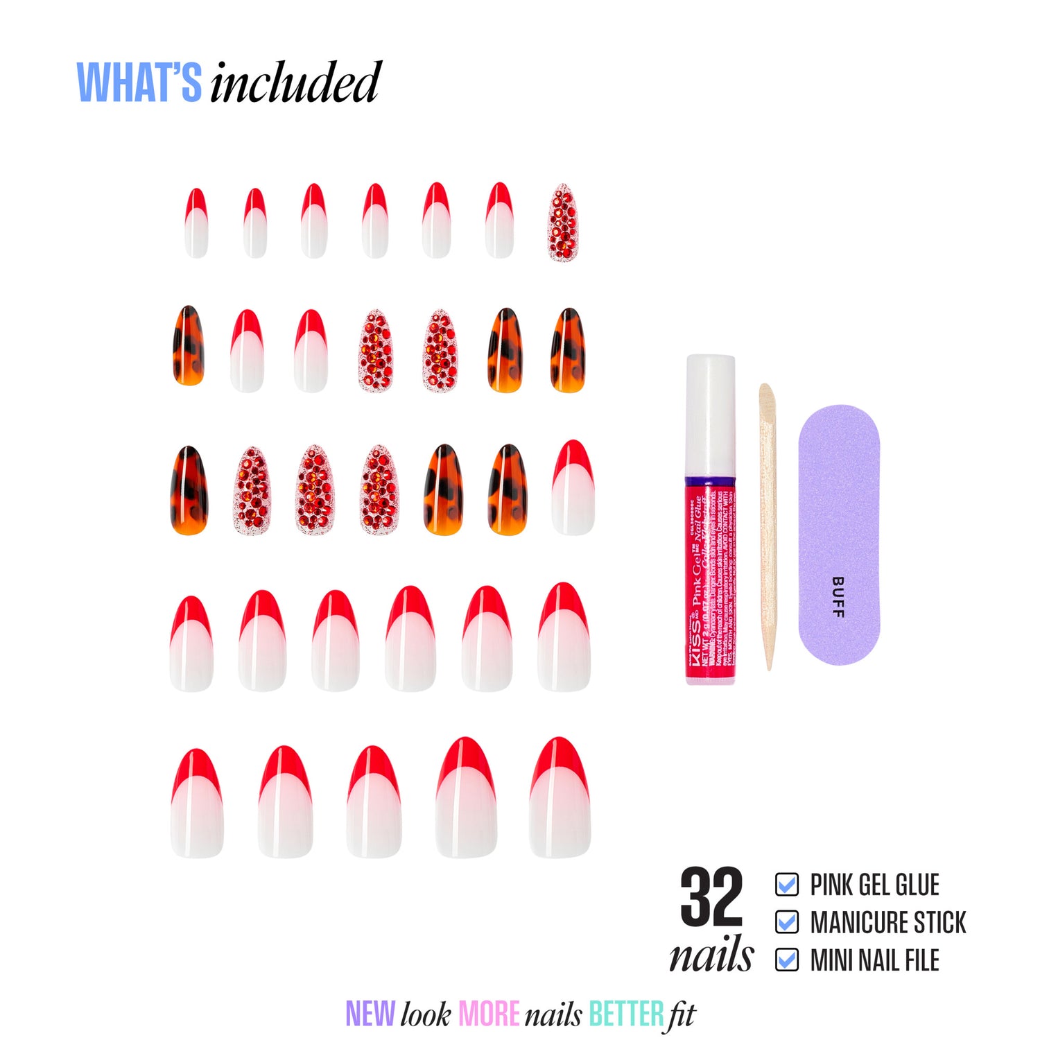 32 red and white press-on nails with gel glue, manicure stick, and file included.