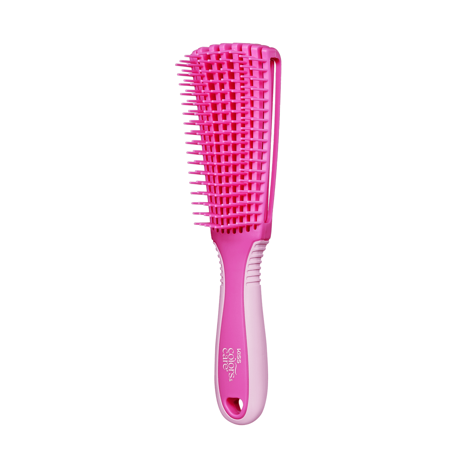 Pink and light pink dual-tone detangling brush with flexible bristles and a non-slip handle, branded with \