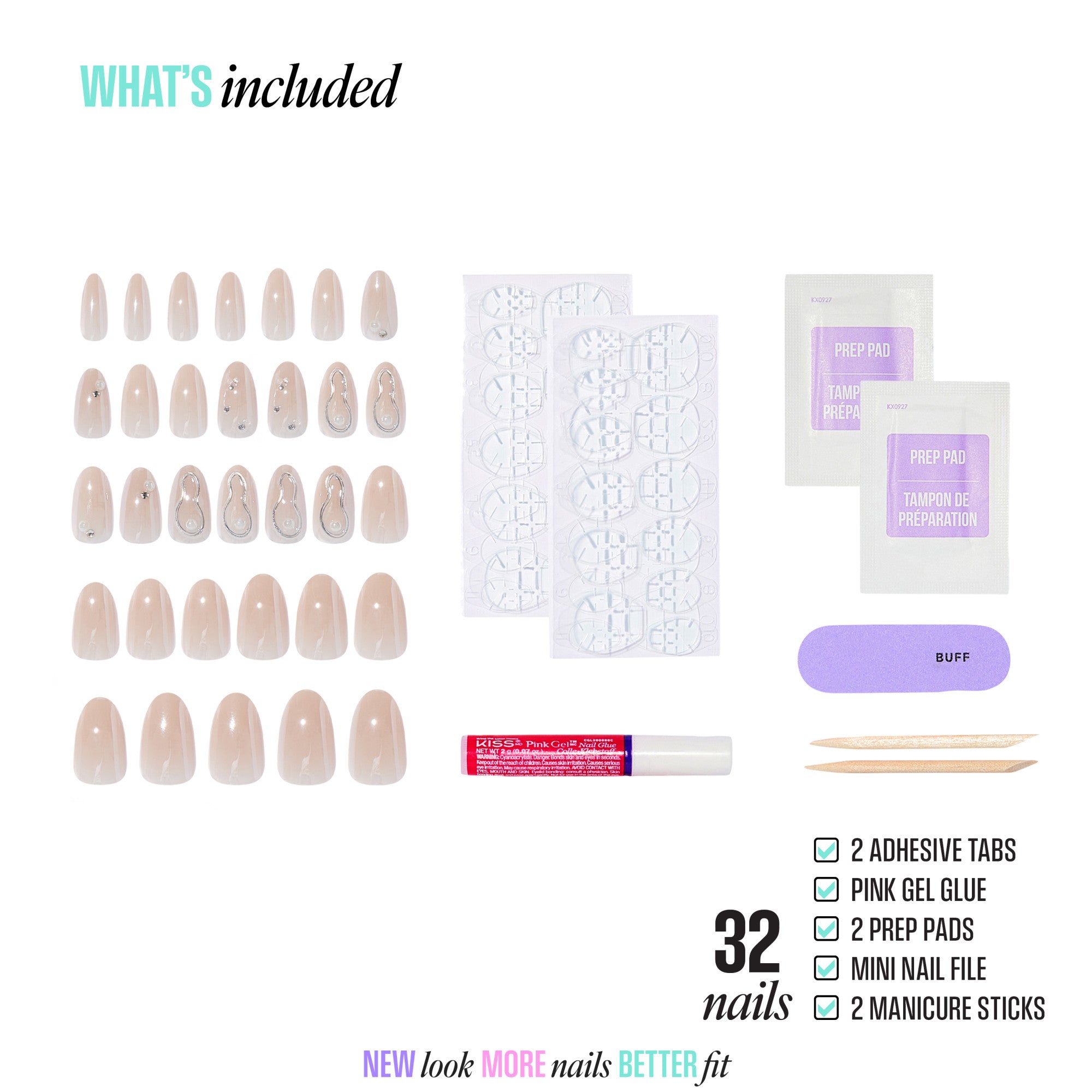 KISS Nails 32-piece set with nude designs, glue, prep pads, file, and manicure sticks included.
