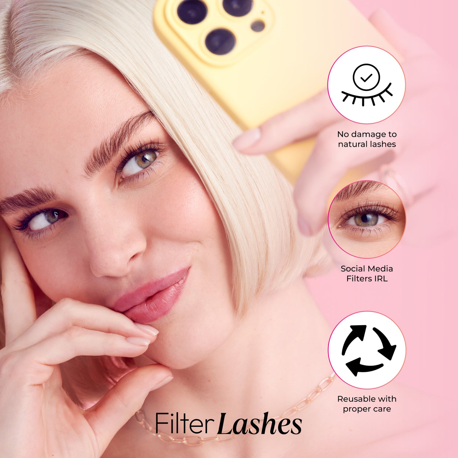 Close-up of a blonde woman with styled lashes taking a selfie with a yellow phone against a pink background, highlighting lashes that cause no damage, mimic social media filters, and are reusable with care.