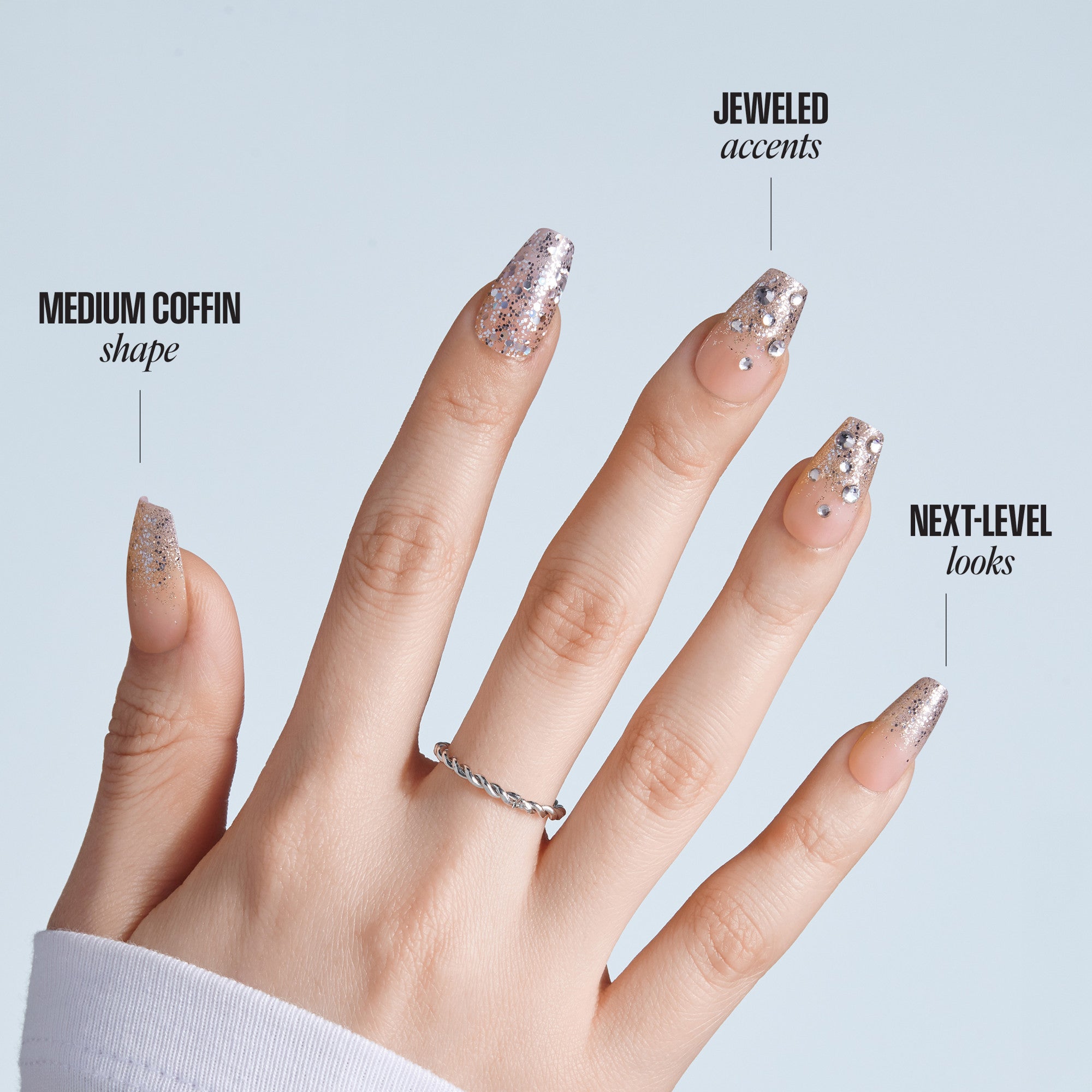 Kiss Glam 3D &amp; Jeweled Press On Fake Glue Nails - Yours | 3D &amp; Jewel Design, Pink, Medium, Coffin