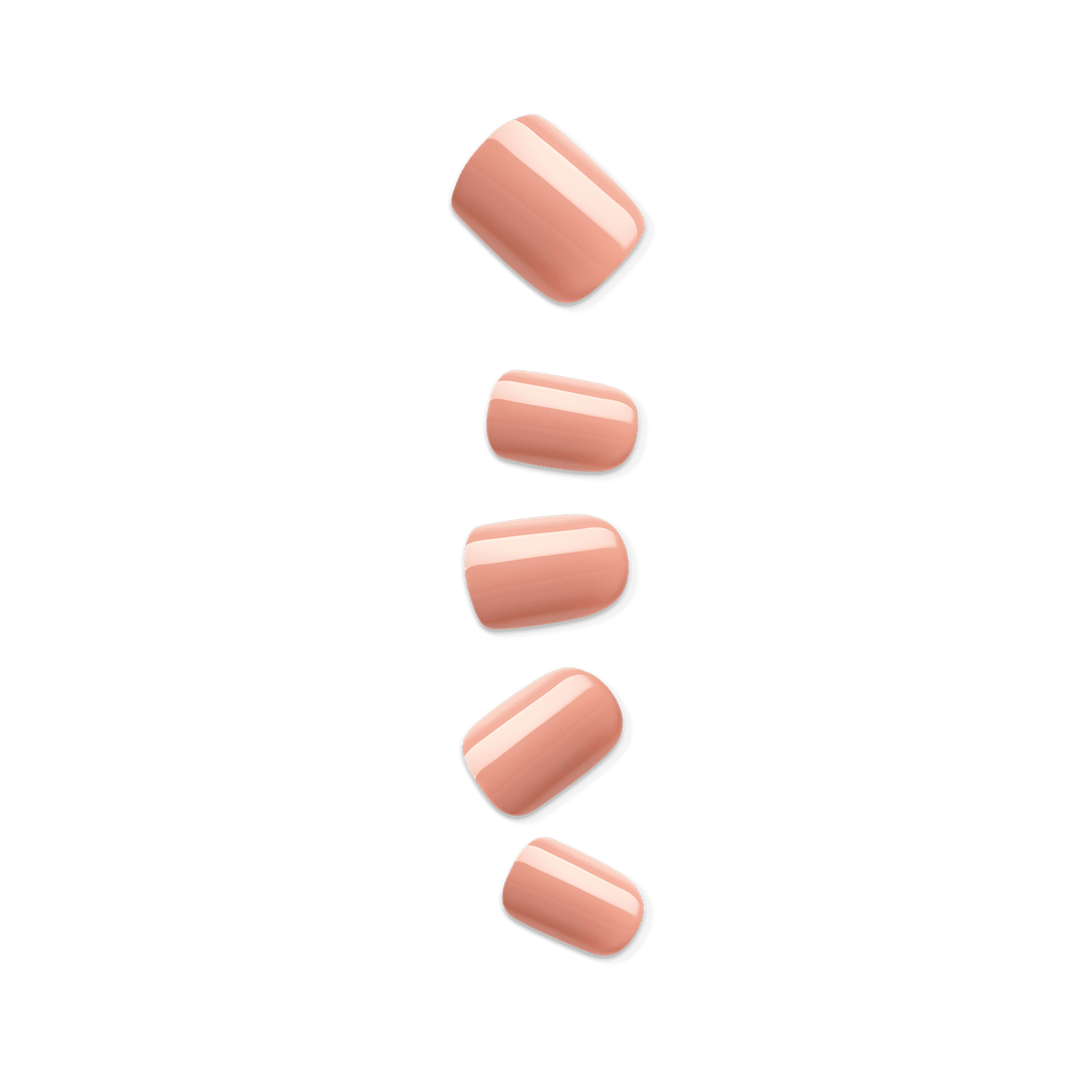 Five glossy caramel-colored press-on nails arranged vertically on a clear background, showcasing a smooth and shiny finish.