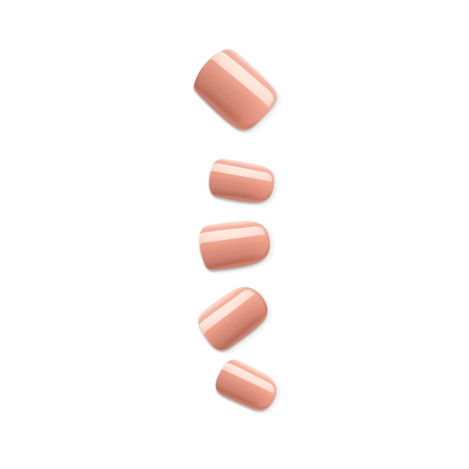 Five glossy caramel-colored press-on nails arranged vertically on a clear background, showcasing a smooth and shiny finish.