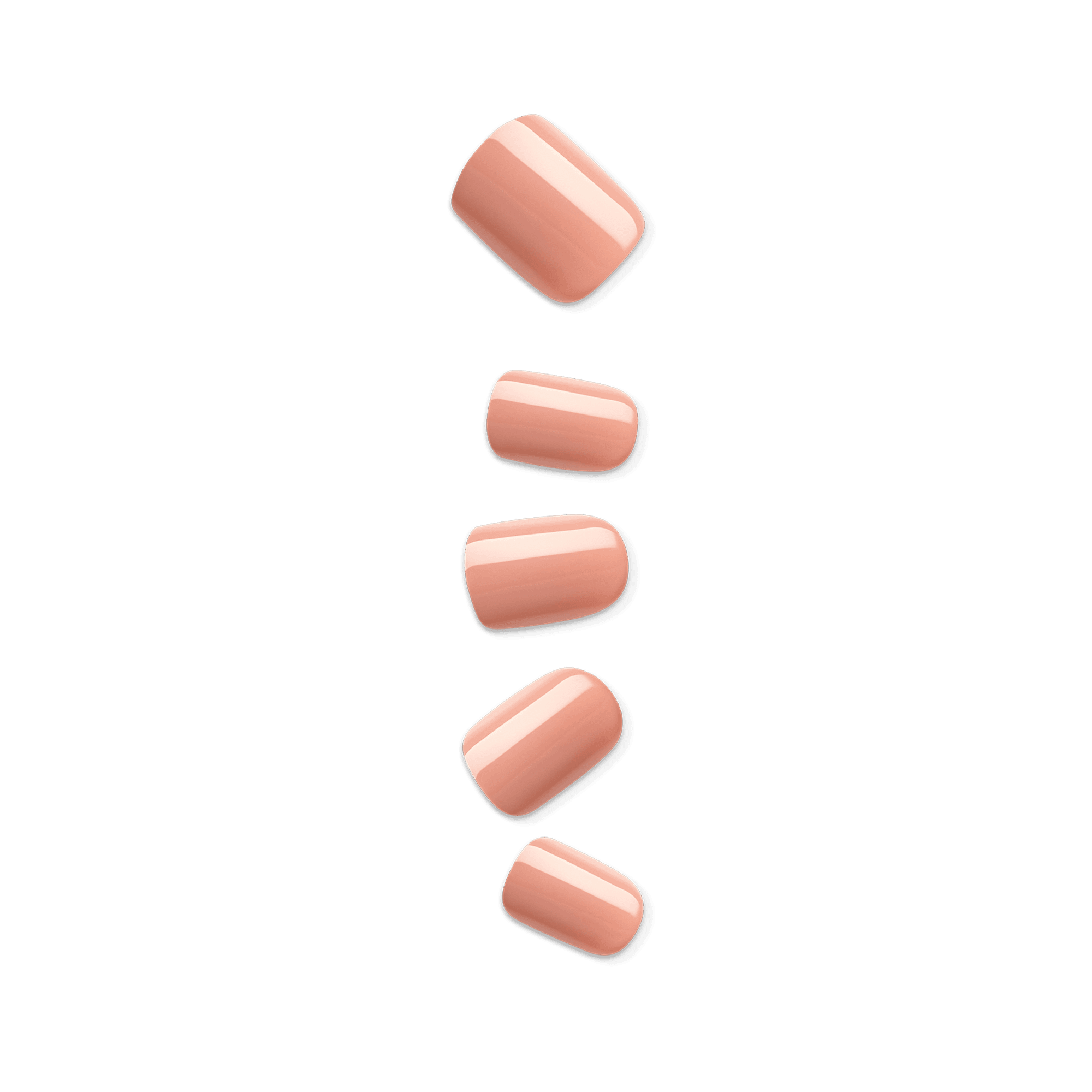 Five glossy caramel-colored press-on nails arranged vertically on a clear background, showcasing a smooth and shiny finish.
